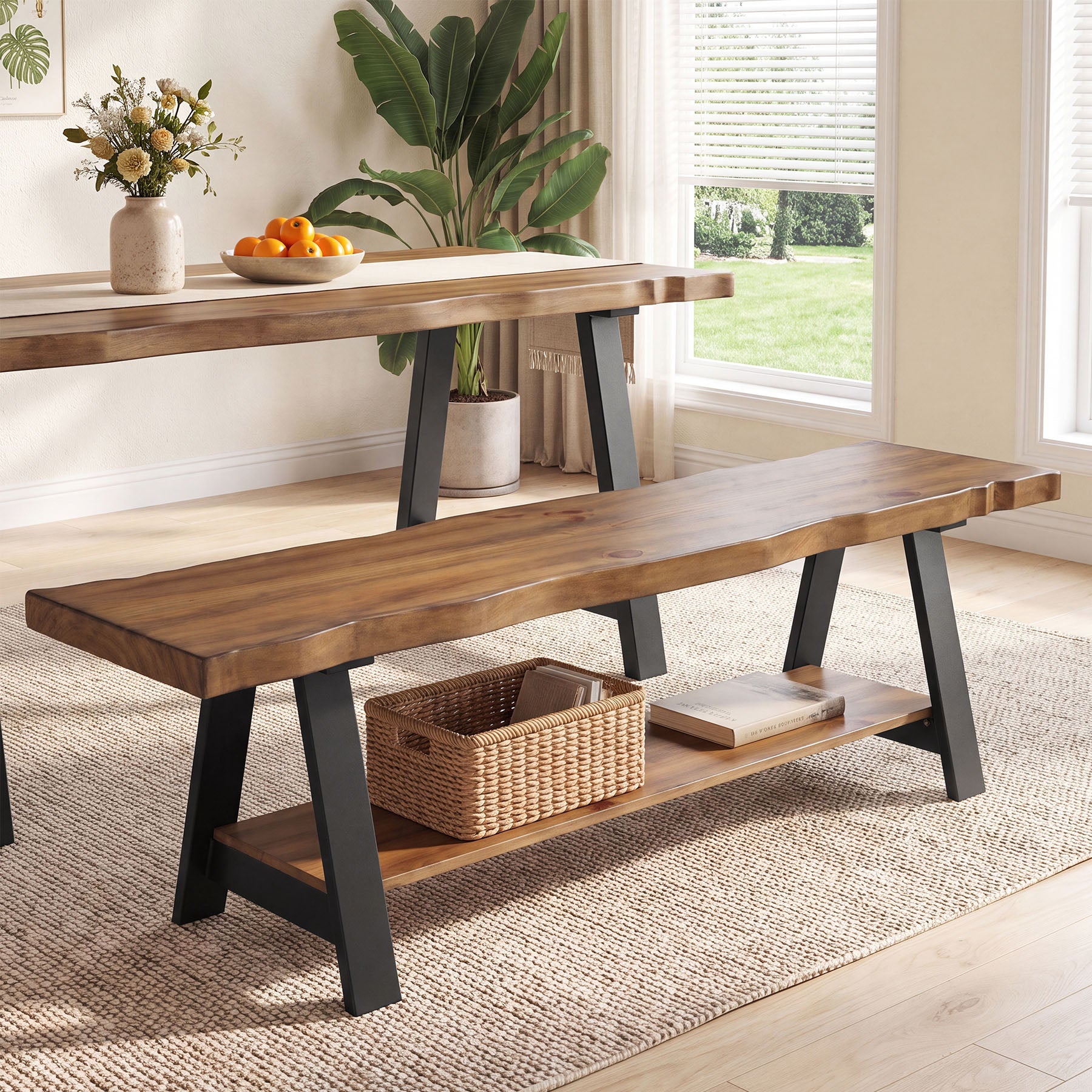 55" Solid Wood Dining Bench, Live Edge Dining Seat with Storage Shelf & Metal Legs