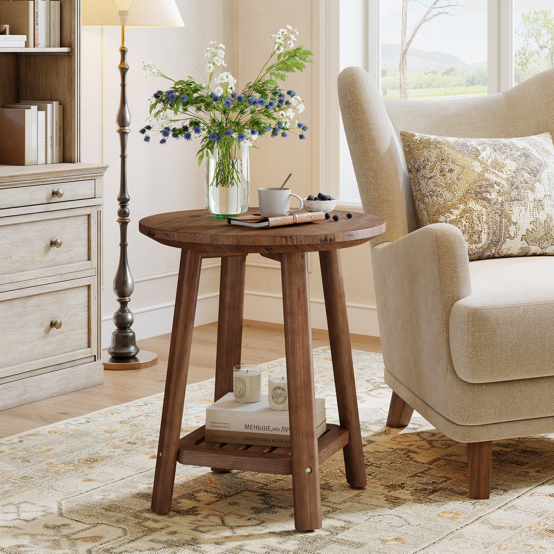 23.62" Round Solid Wood Side Table, 2-Tier Farmhouse Storage Shelf Walnut