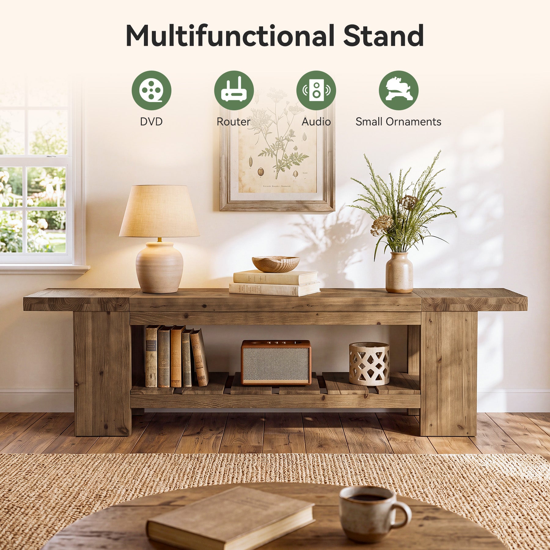 70.9" Solid Wood  TV Stand, Media Console with with Lower Storage Shelf for Living Room