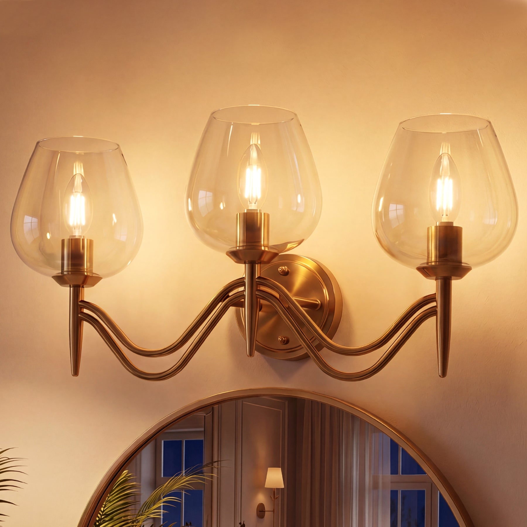 3-light Bathroom Vanity Light, Gold Metal & Clear Glass Wall Sconce With E12 Base