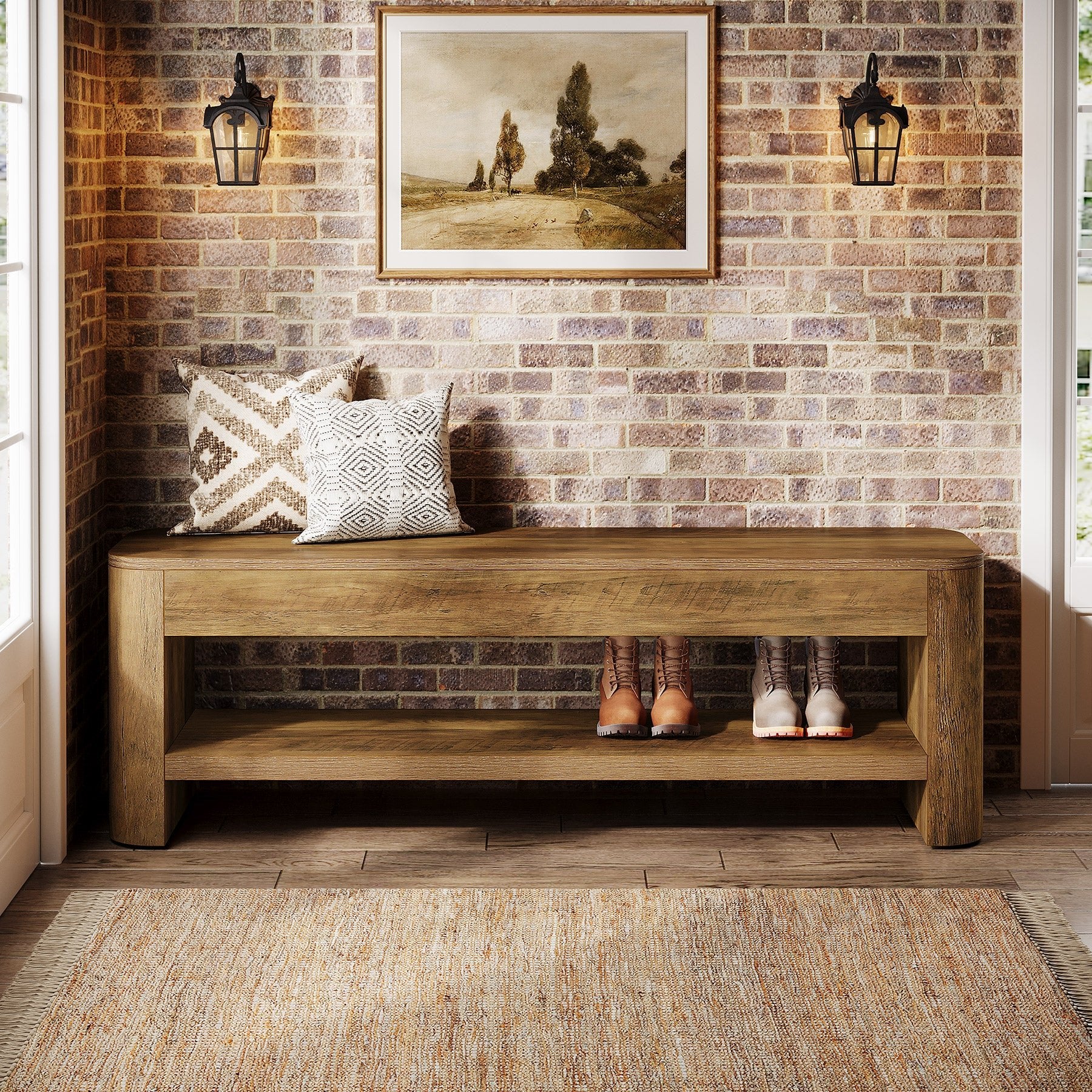 53" Farmhouse Entryway Bench, Narrow Indoor End of Bed Bench with Shoe Storage