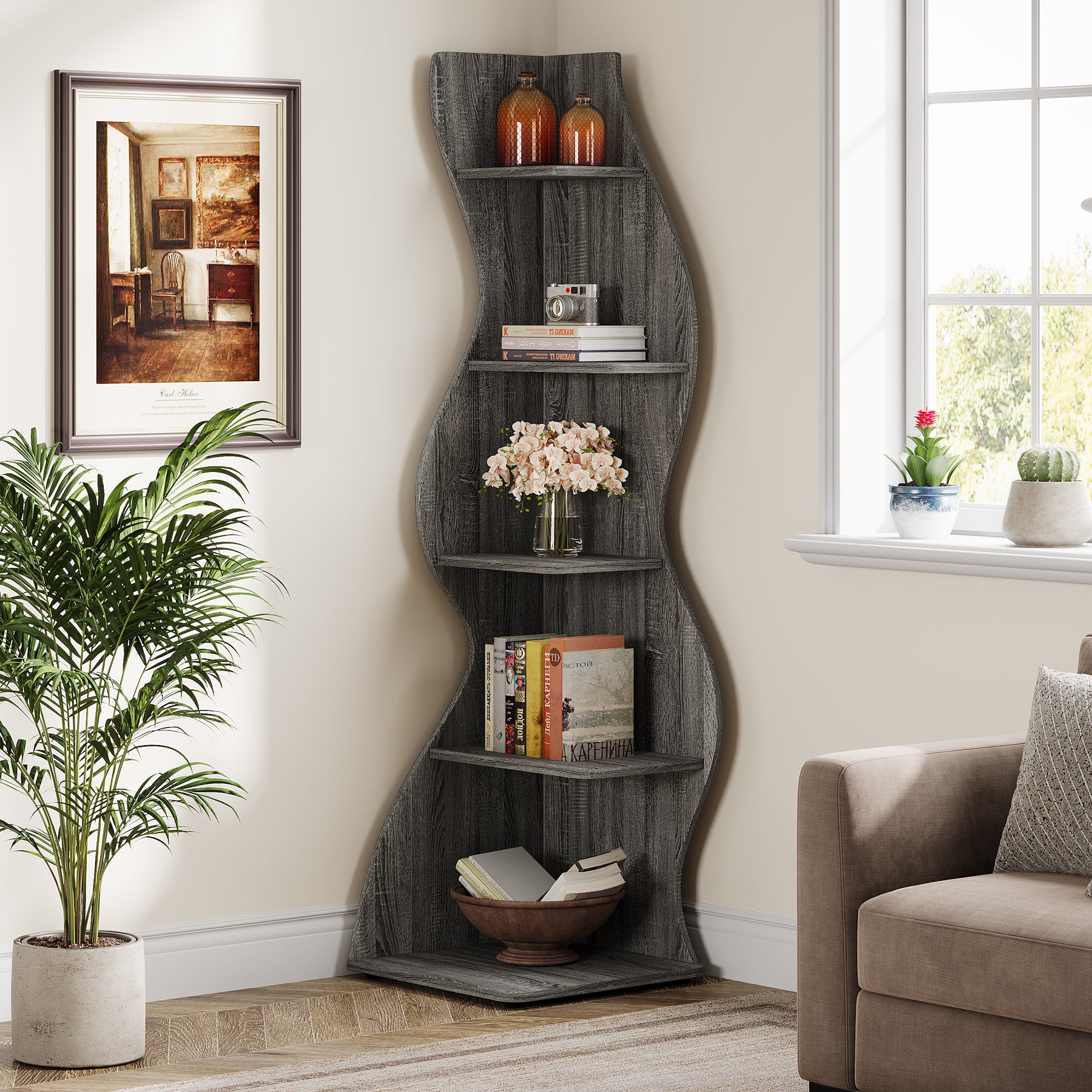 5-Tier Corner Shelf, Wavy Bookshelf Bookcase Display Rack for Home