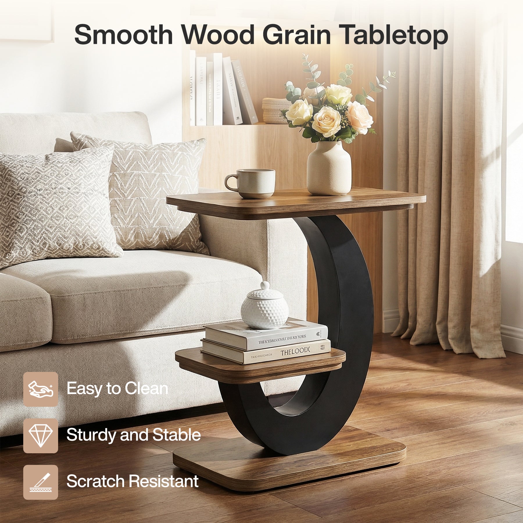 2-Tier End Table, Narrow Side Table with Metal Arc-Shaped Frame