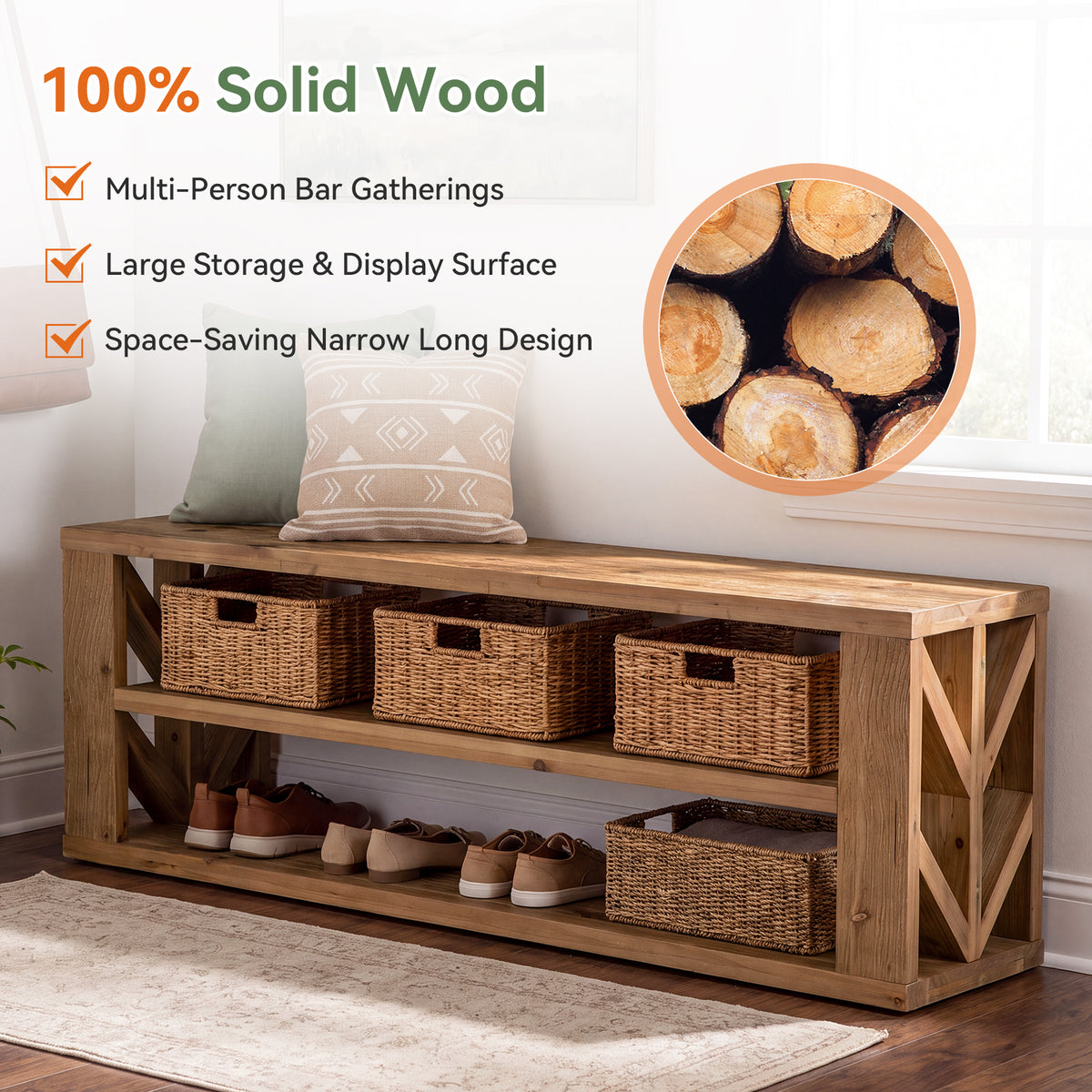 3-Tier Solid Wood TV Stand for TVs up to 55", Entertainment Center with Open Shelf for Living Room