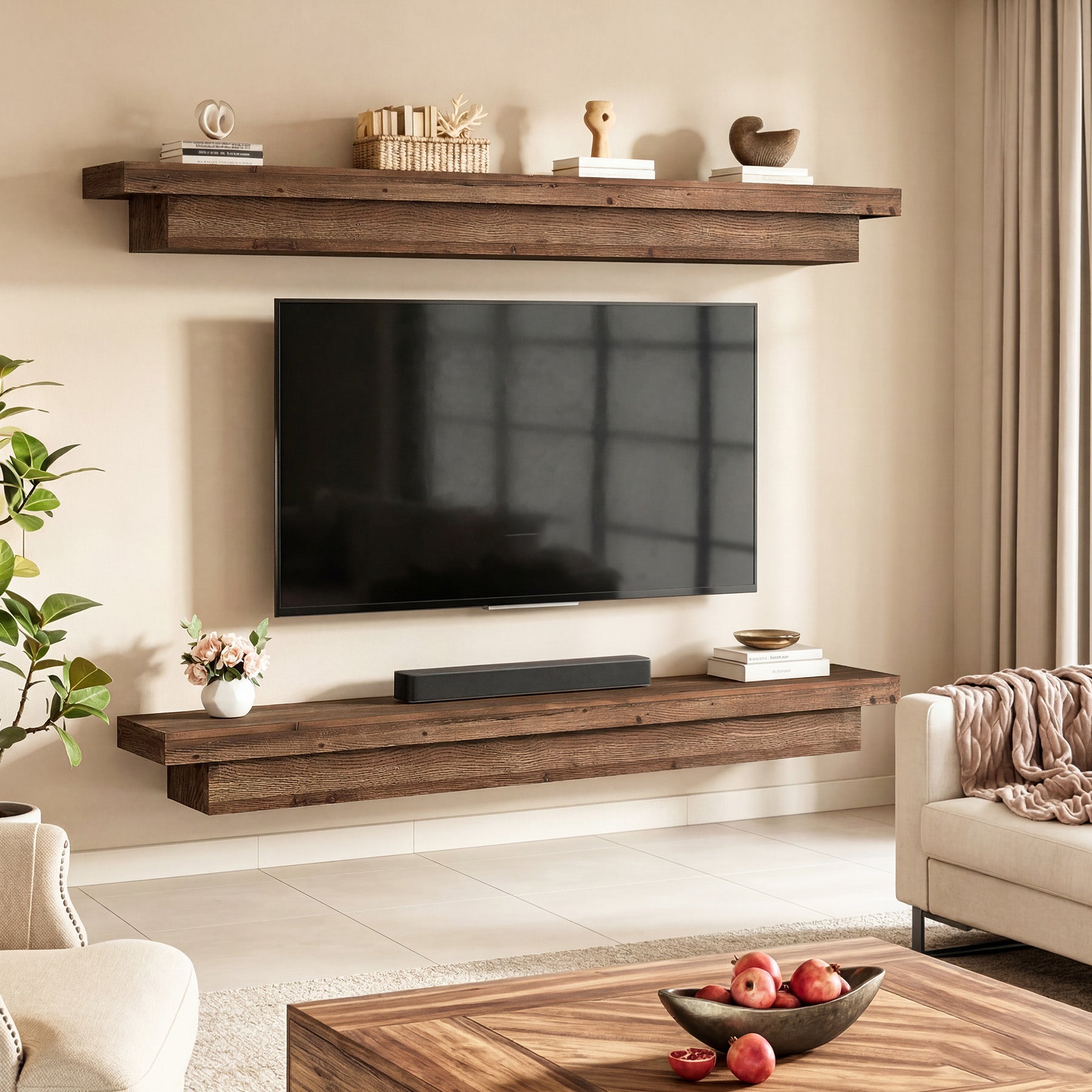 70.9" Solid Wood TV Stand, Floating Wall Mounted TV Shelf for TVs up to 75 Inches