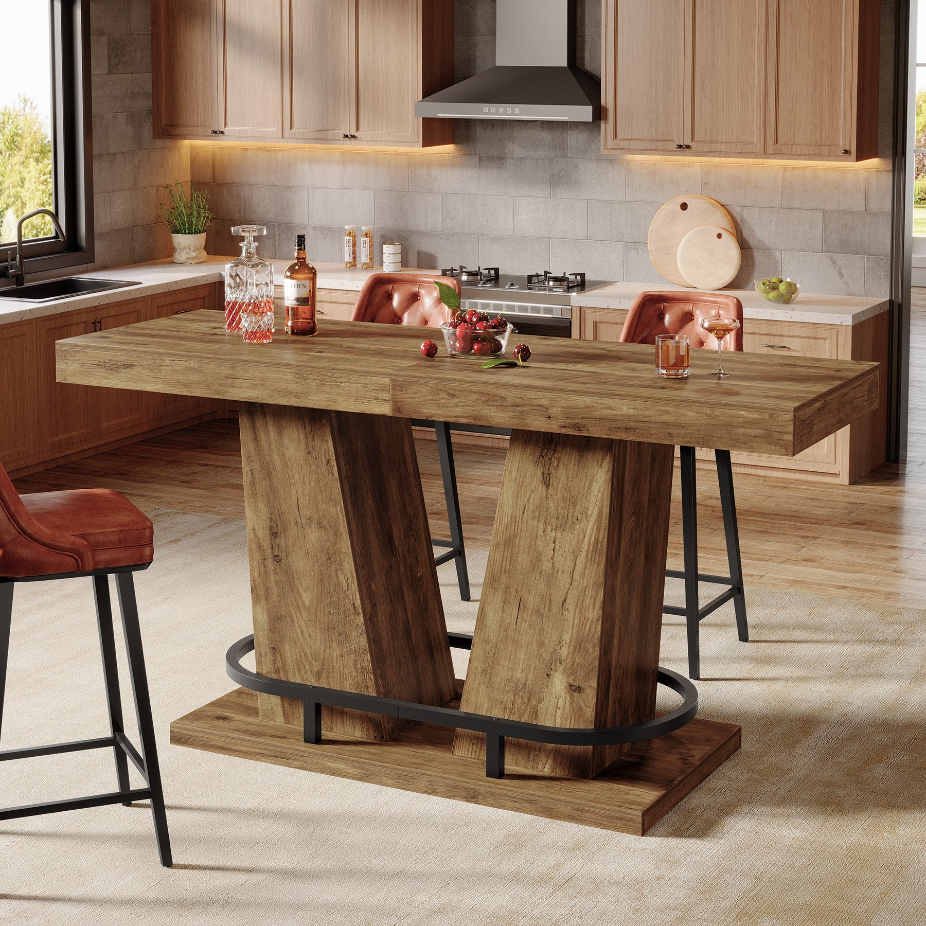 62.99" Bar Table for 4-6, Rectangle Counter Height Pub Table with Metal Footrest