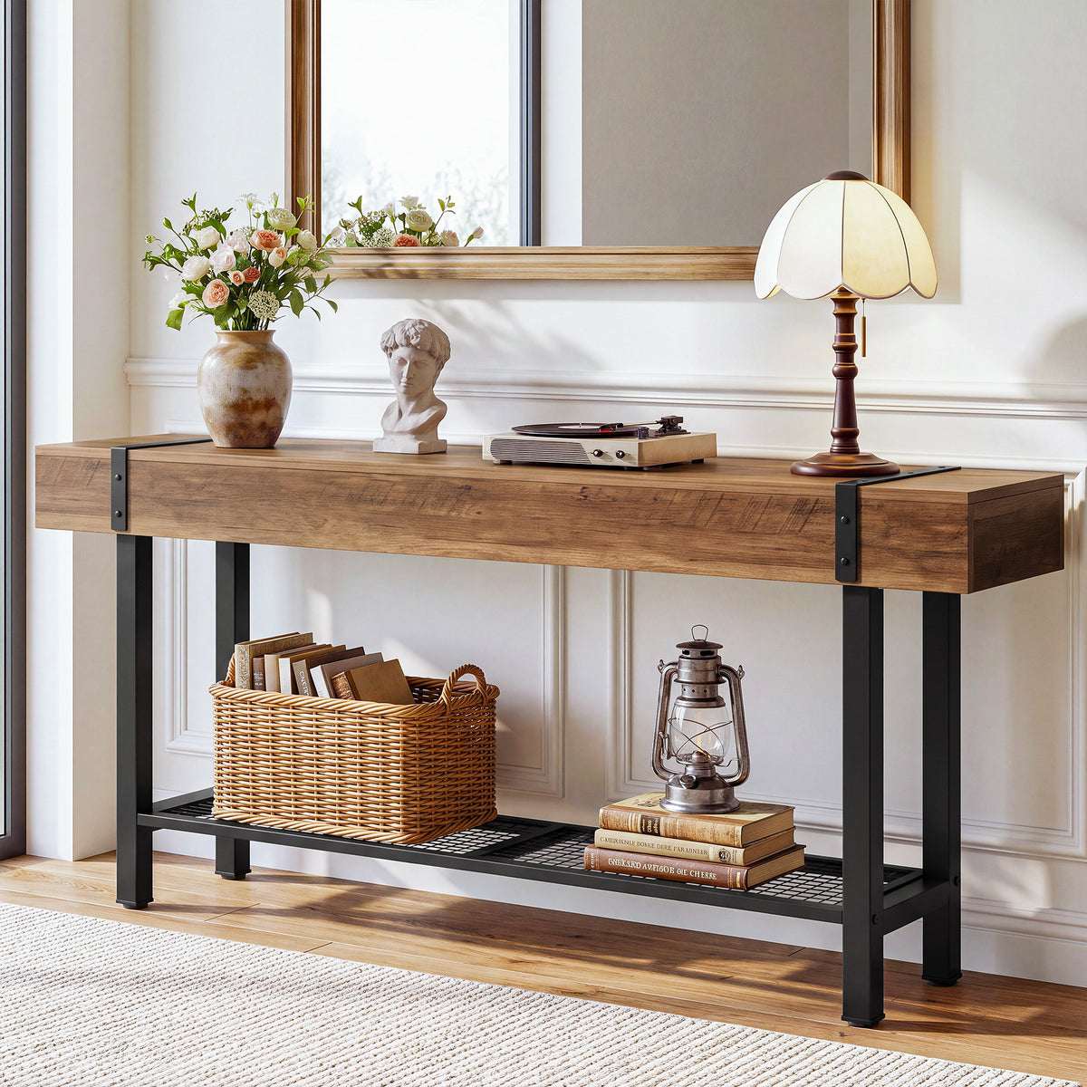 63" Console Table with Storage & Metal Base, Entryway Sofa Table, Hallway Living Room