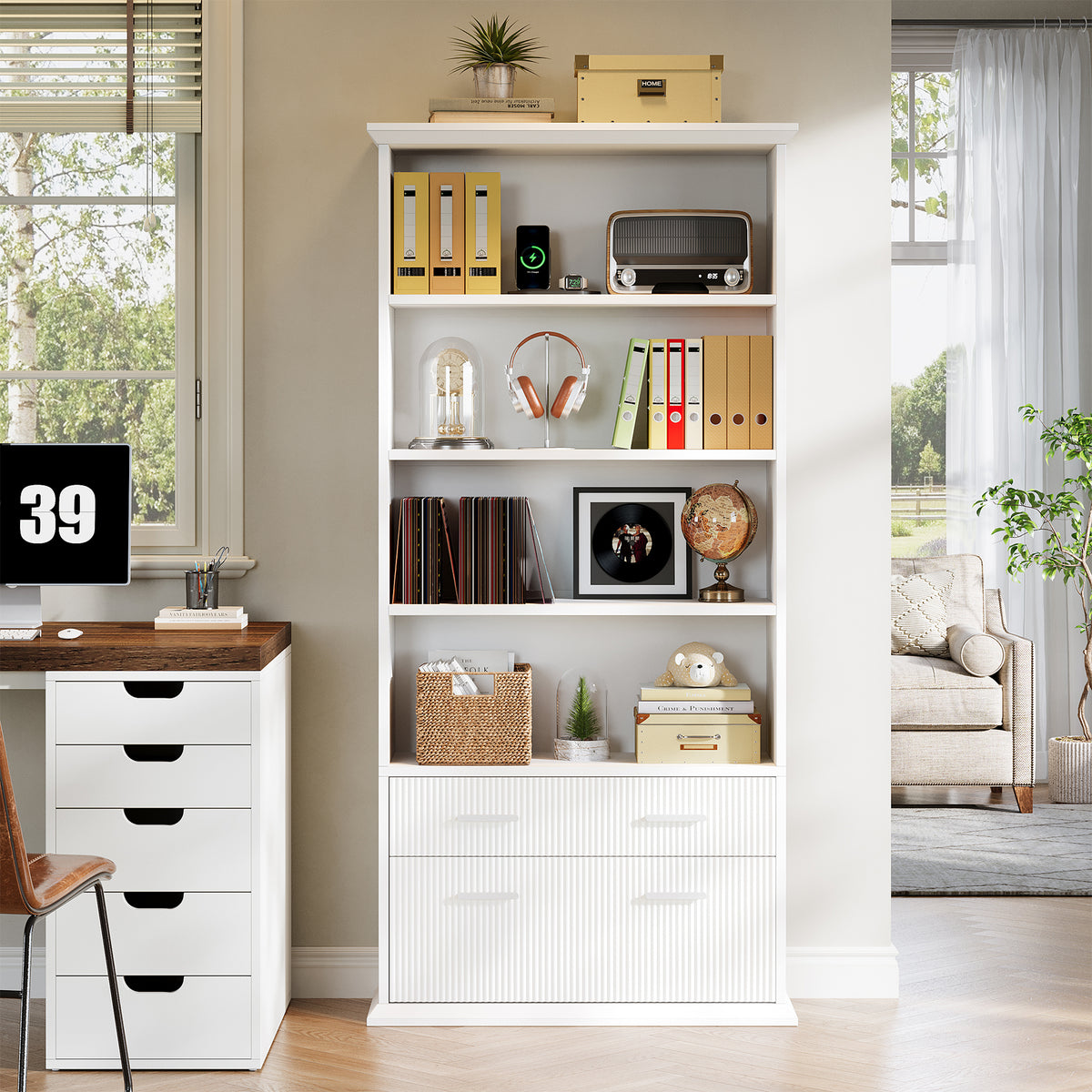 2-Drawer File Cabinet with 4-Tier Shelves, 71" Vertical Storage Cabinet for Home Office