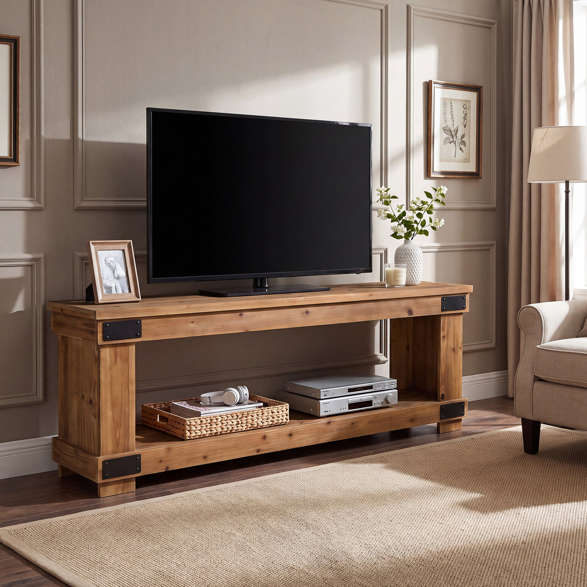 63" Industrial TV Stand, 2-Tier Open Shelf, Solid Wood for 75" TV