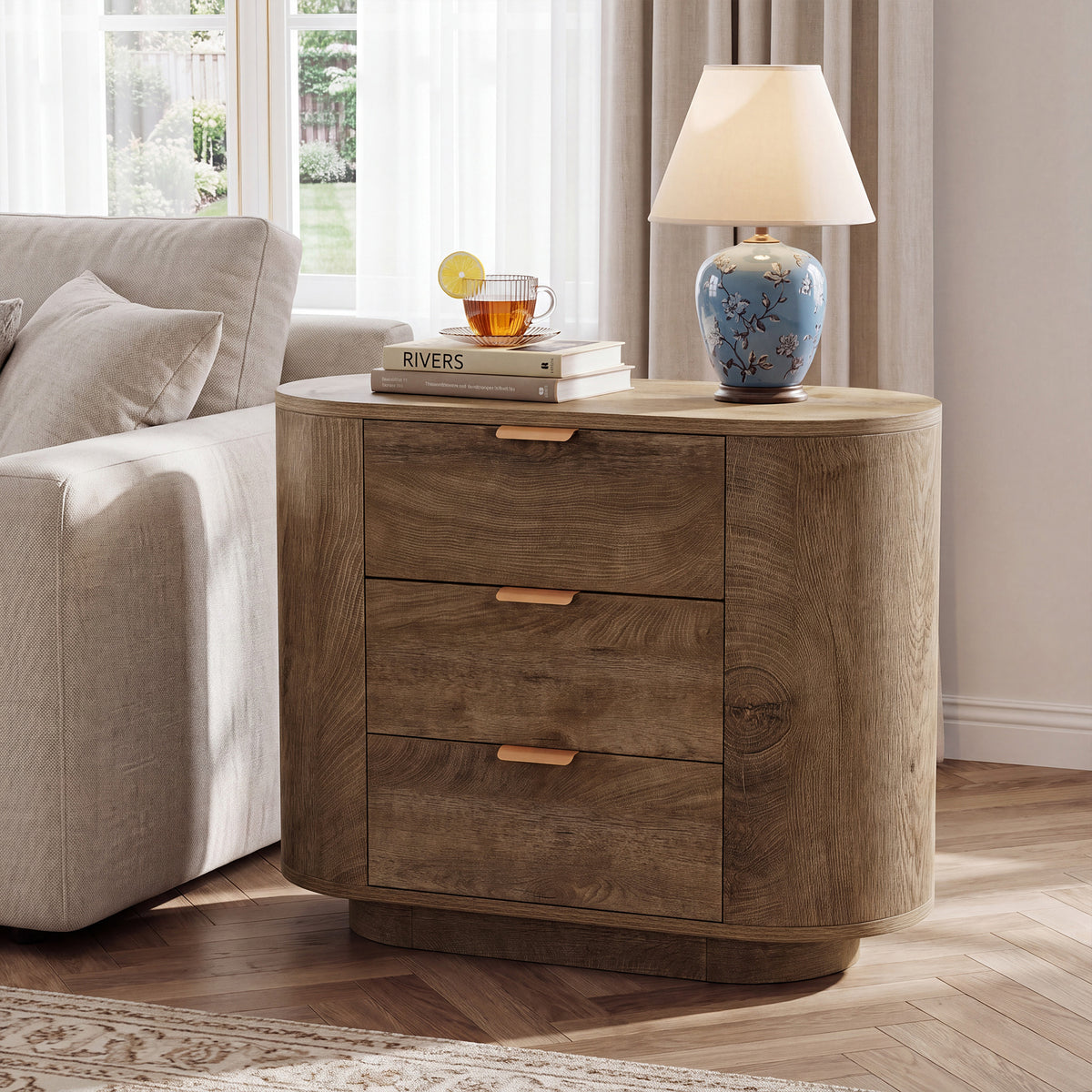 35" Oversized Nightstand with 3 Drawers, Modern Oak Finish Bedside Table