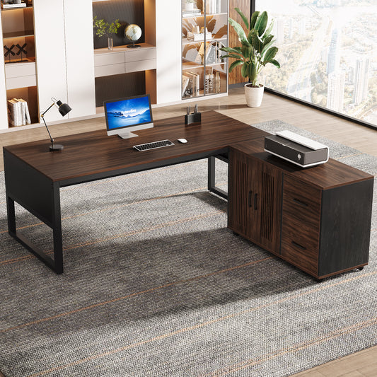 63" Executive Desk, Modern L-Shaped Computer Desk with Mobile File Cabinet