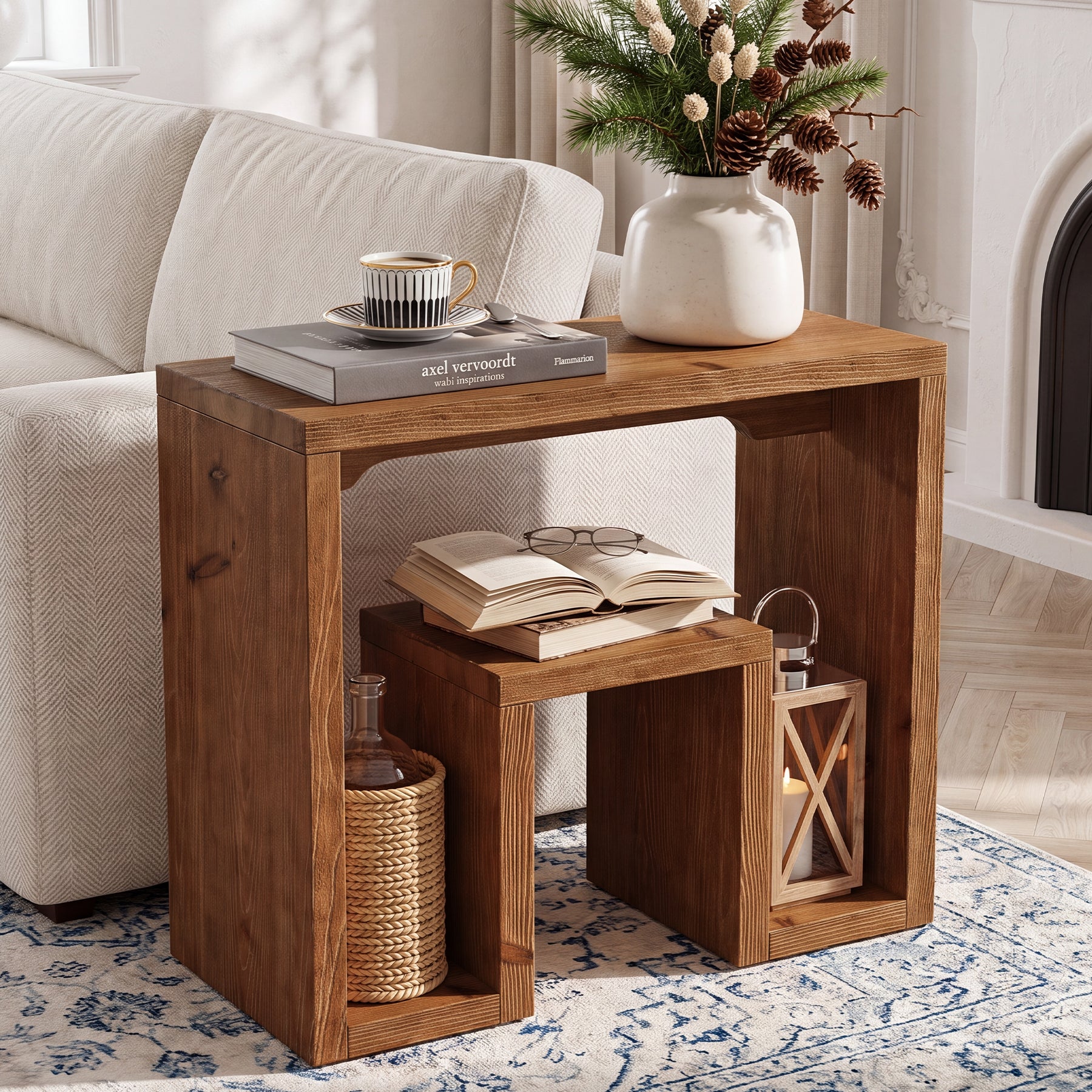 Solid Fir Wood End Table, U-Shaped Farmhouse Side Table Accent Table for Living Room