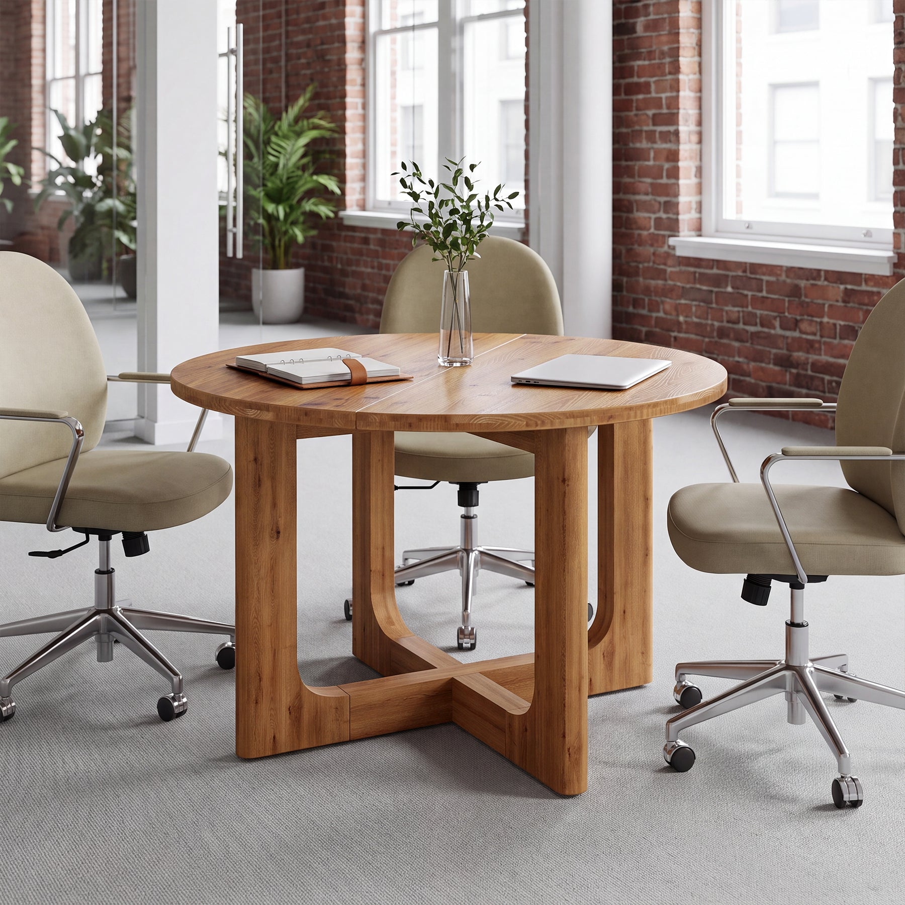 Round Solid Wood Conference Table, 39.4" Meeting Table with Cross Base for Office