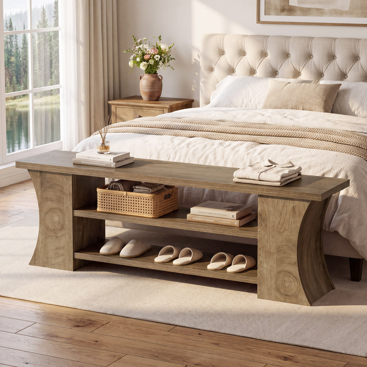 63" Entryway Bench with Shoe Storage, 3-Tier Farmhouse Shoe Bench for Hallway