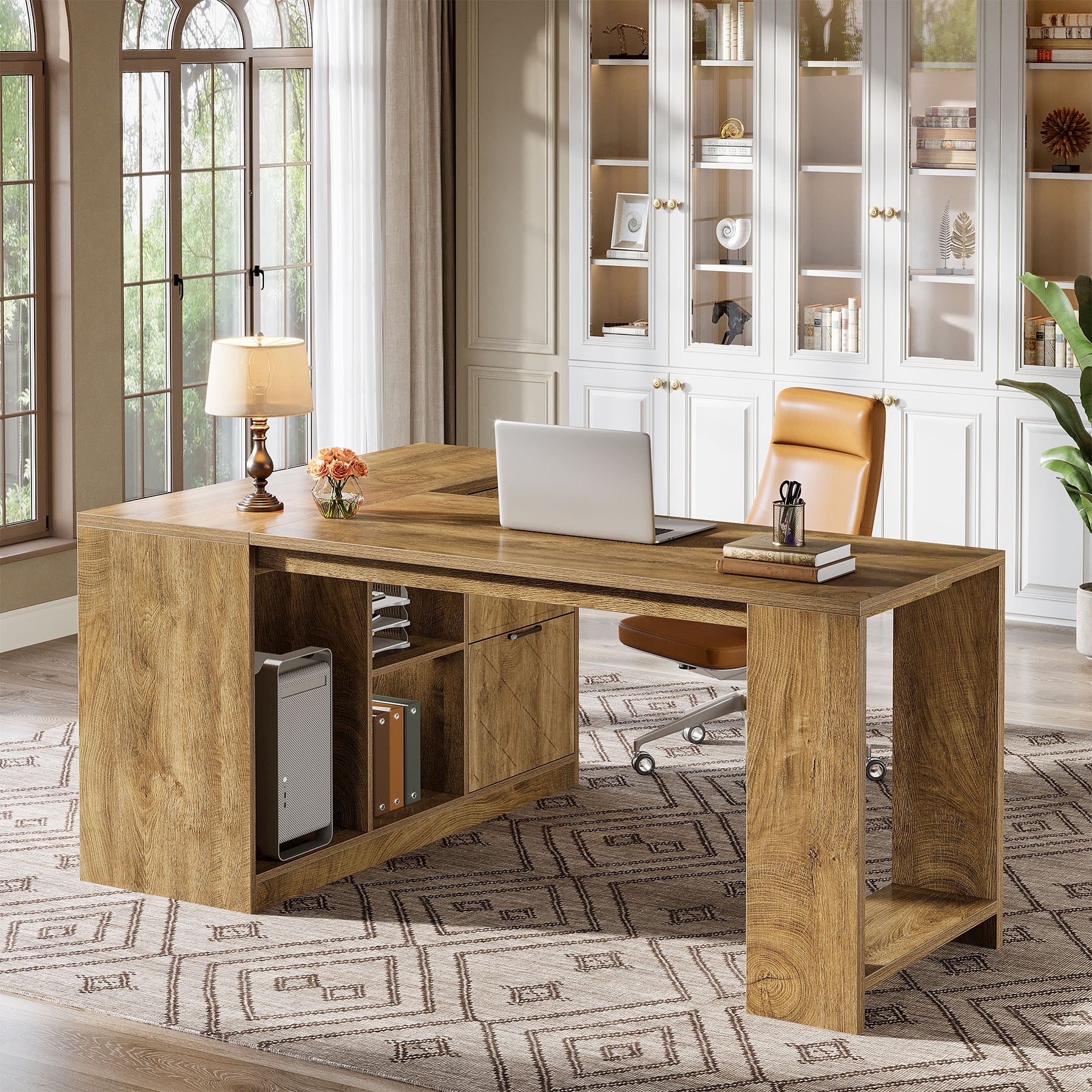 L-Shaped Executive Desk,  63" Office Desk with File Cabinets and Shelves