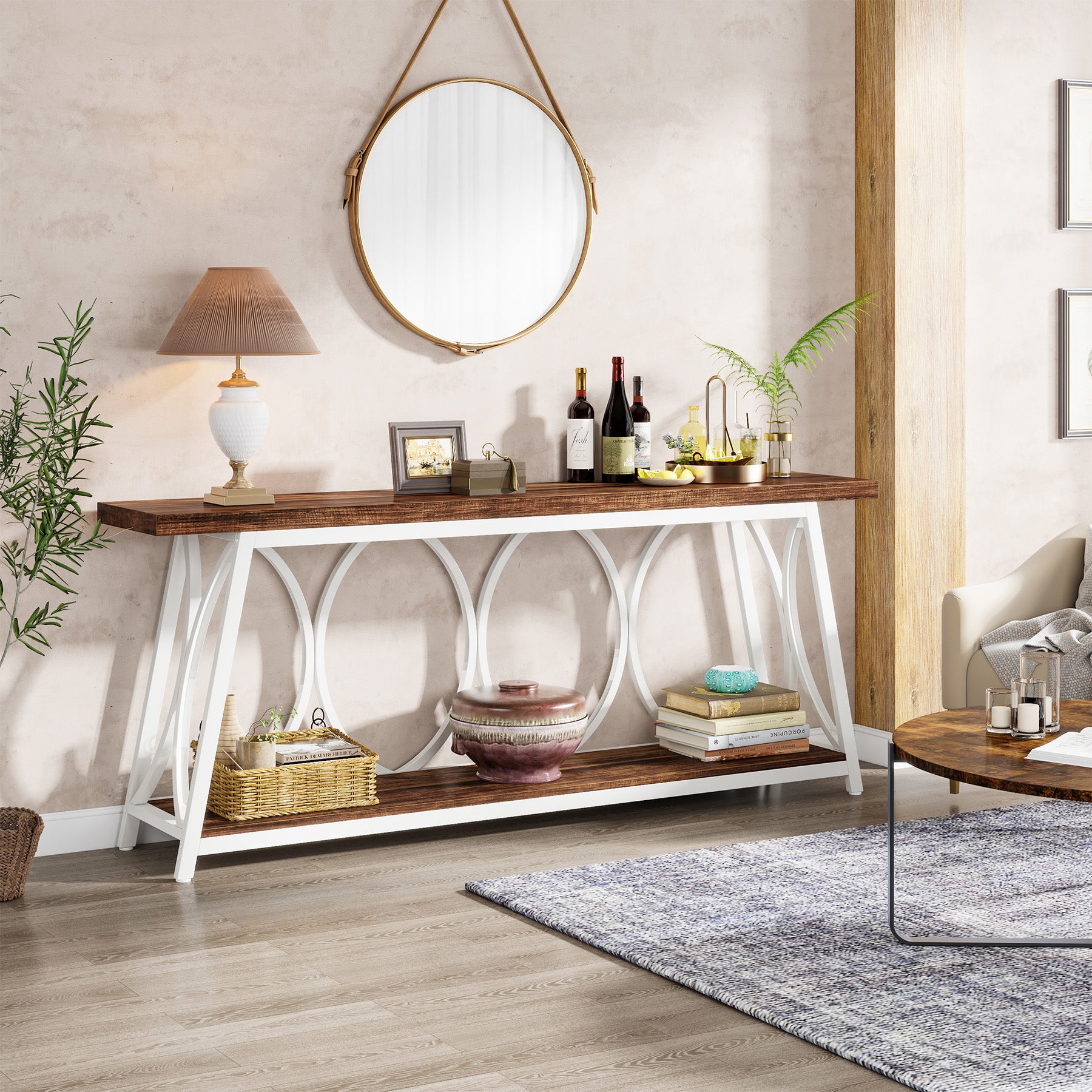 70.9" 2-Tier Industrial Console Table, Sofa Table with Shelves for Living Room or Entryway