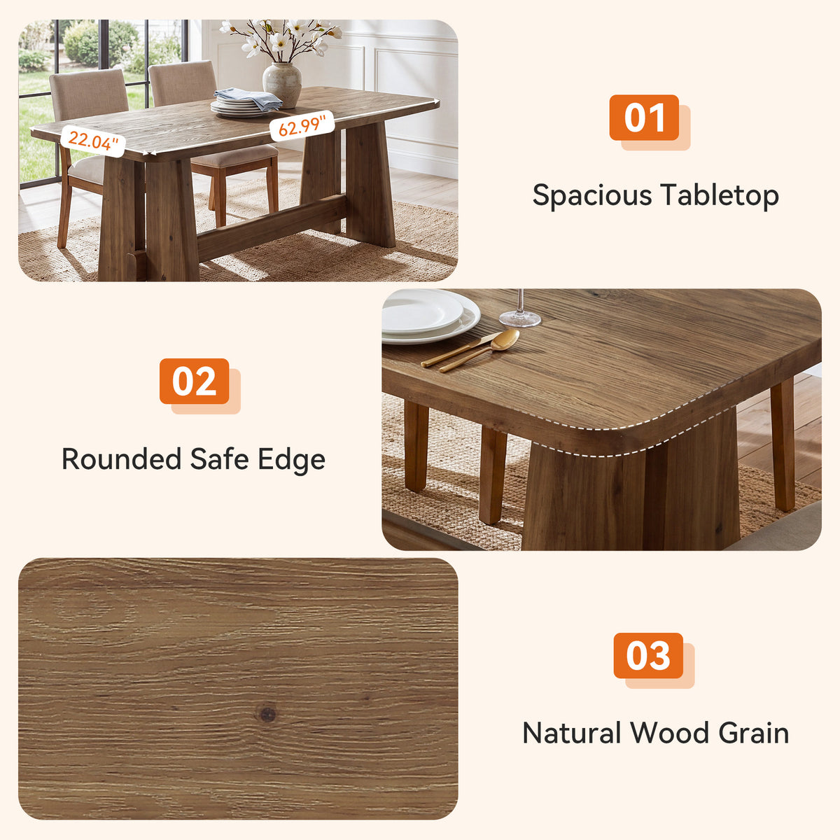 63" Farmhouse Solid Wood Dining Table for 4-6, Thick Top, Rectangular Kitchen Table