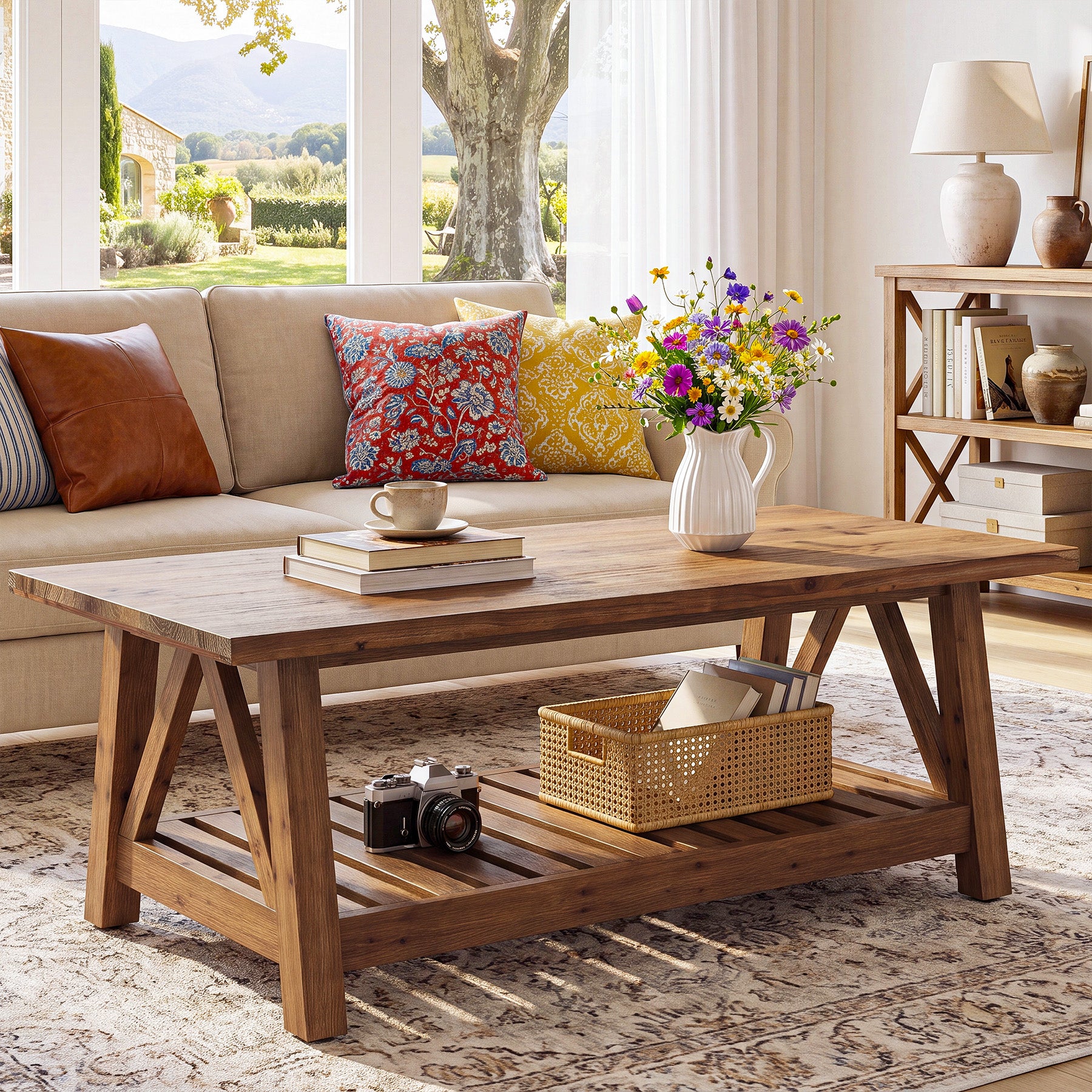 47.24" Farmhouse Solid Wood Coffee Table, Rectangle Center Table with Shelf for Living Room