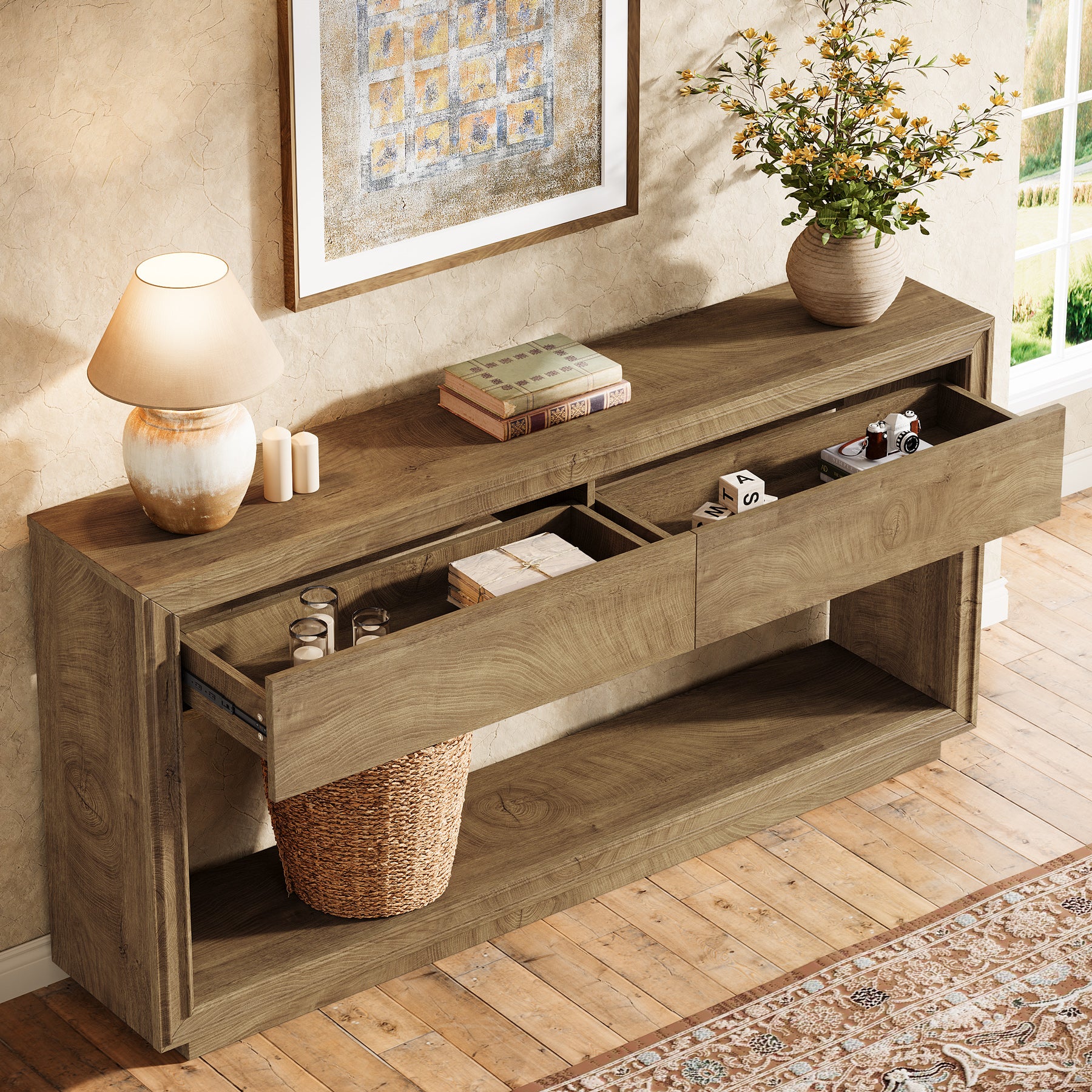 63" Farmhouse Console Table with 2 Drawers and Shelf, Wooden Entryway Sofa Table for Hallway, Foyer, or Behind Couch