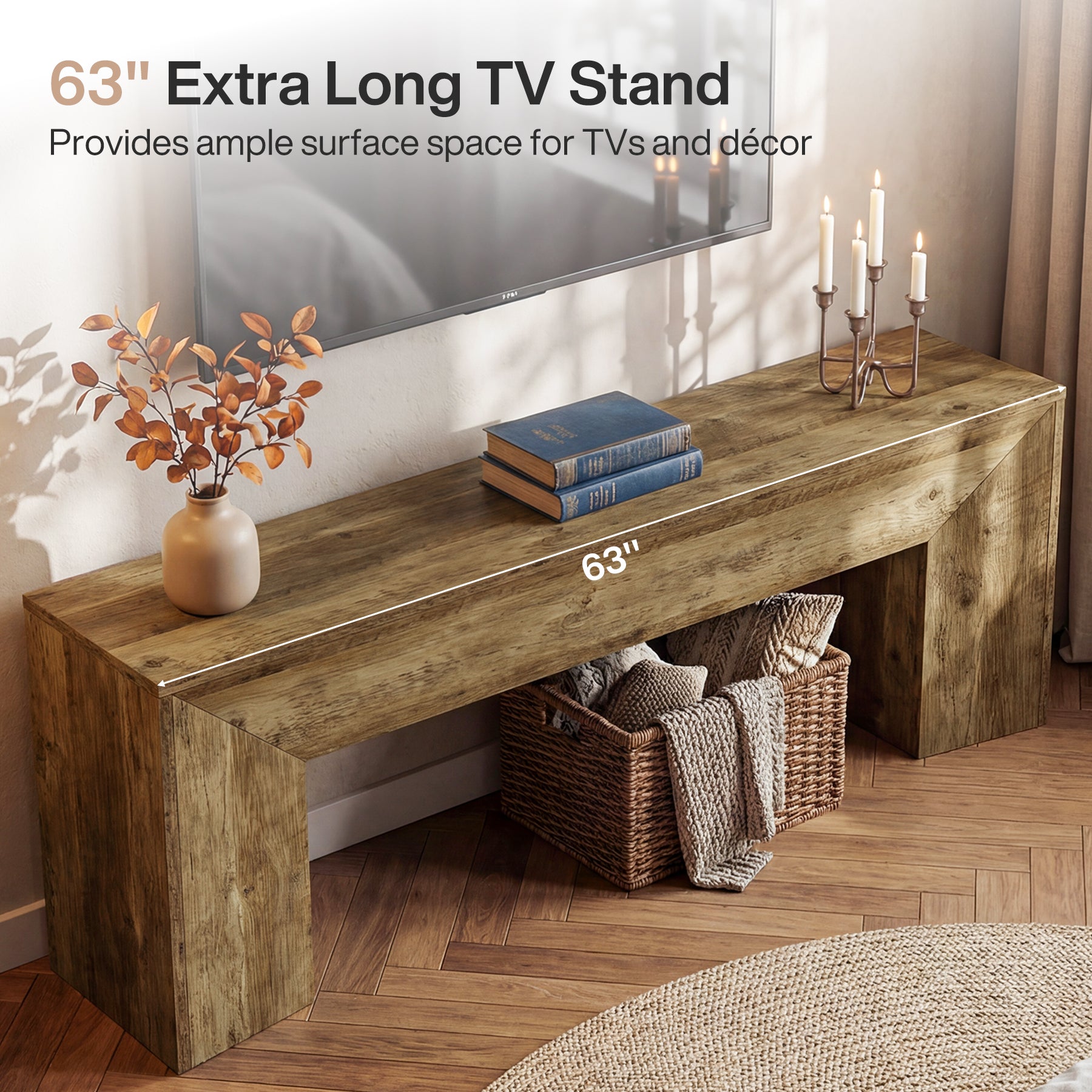 63" TV Stand with Hidden Metal Frame, Low Media Console Table for Living Room and Bedroom