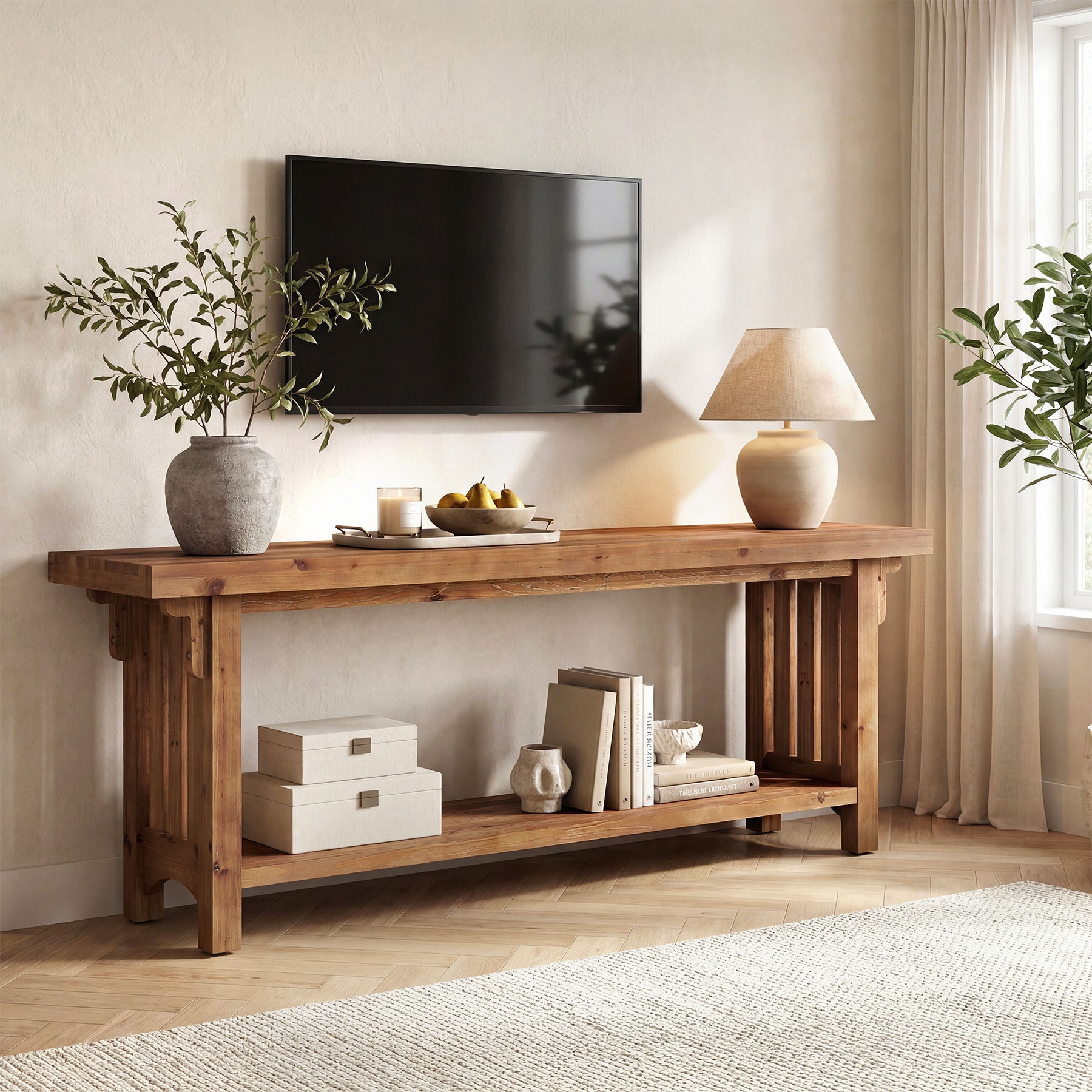 63" Solid Wood TV Stand, Farmhouse Entertainment Center with Storage Shelf for 75" TVs