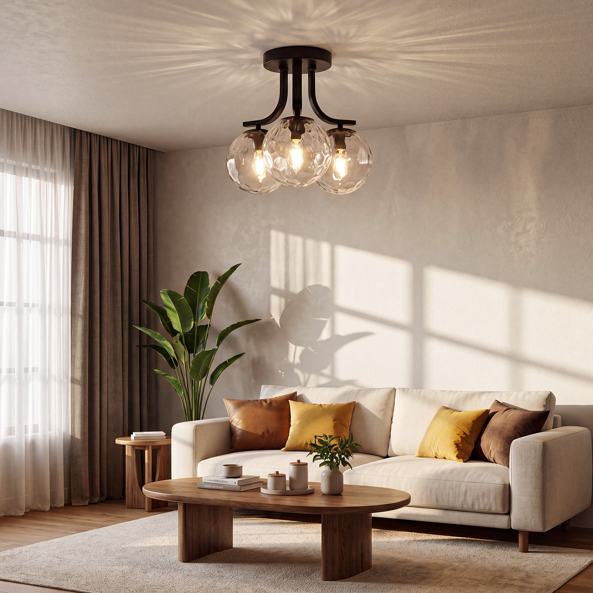 3-Light Semi Flush Mount Ceiling Light with Clear Bubble Glass Globes