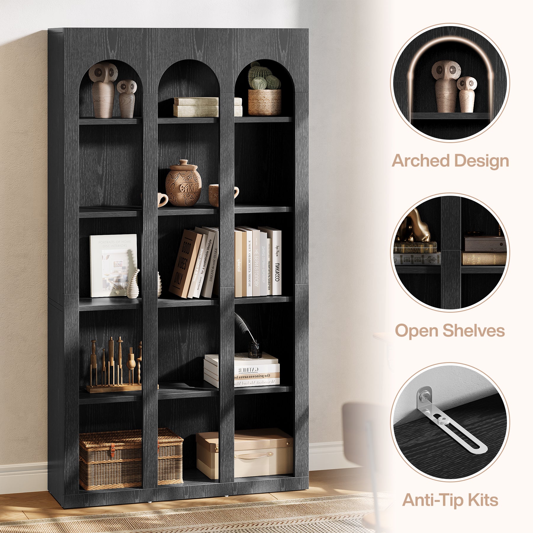 70.8" Arched 5-Tier Bookshelf with Open Shelves, Vintage Farmhouse Style Tall Display Bookcase