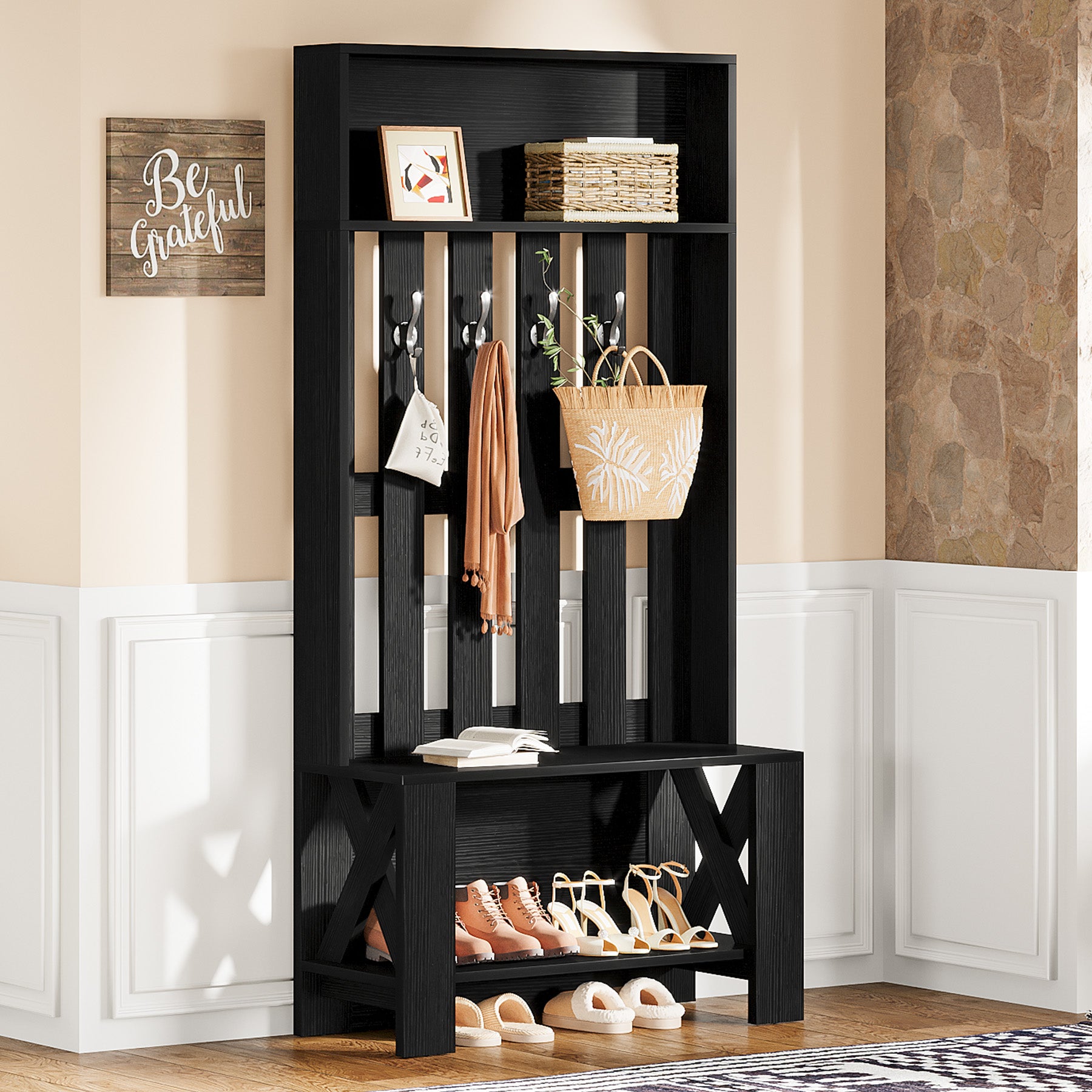 70.8" Freestanding Hall Tree, Coat Rack with Shoe Bench and Hooks