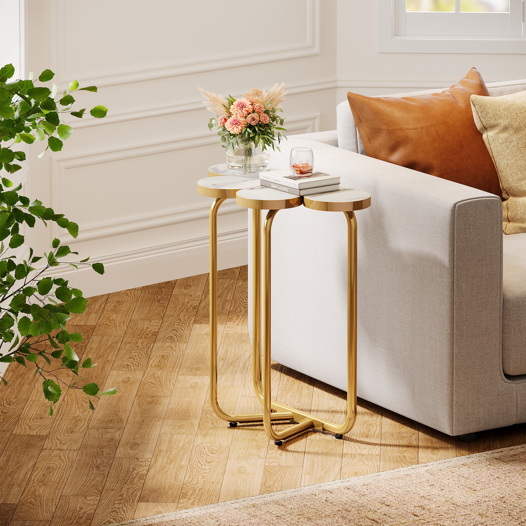 Half-Flower End Table, Faux Marble Side Table with Gold Frame