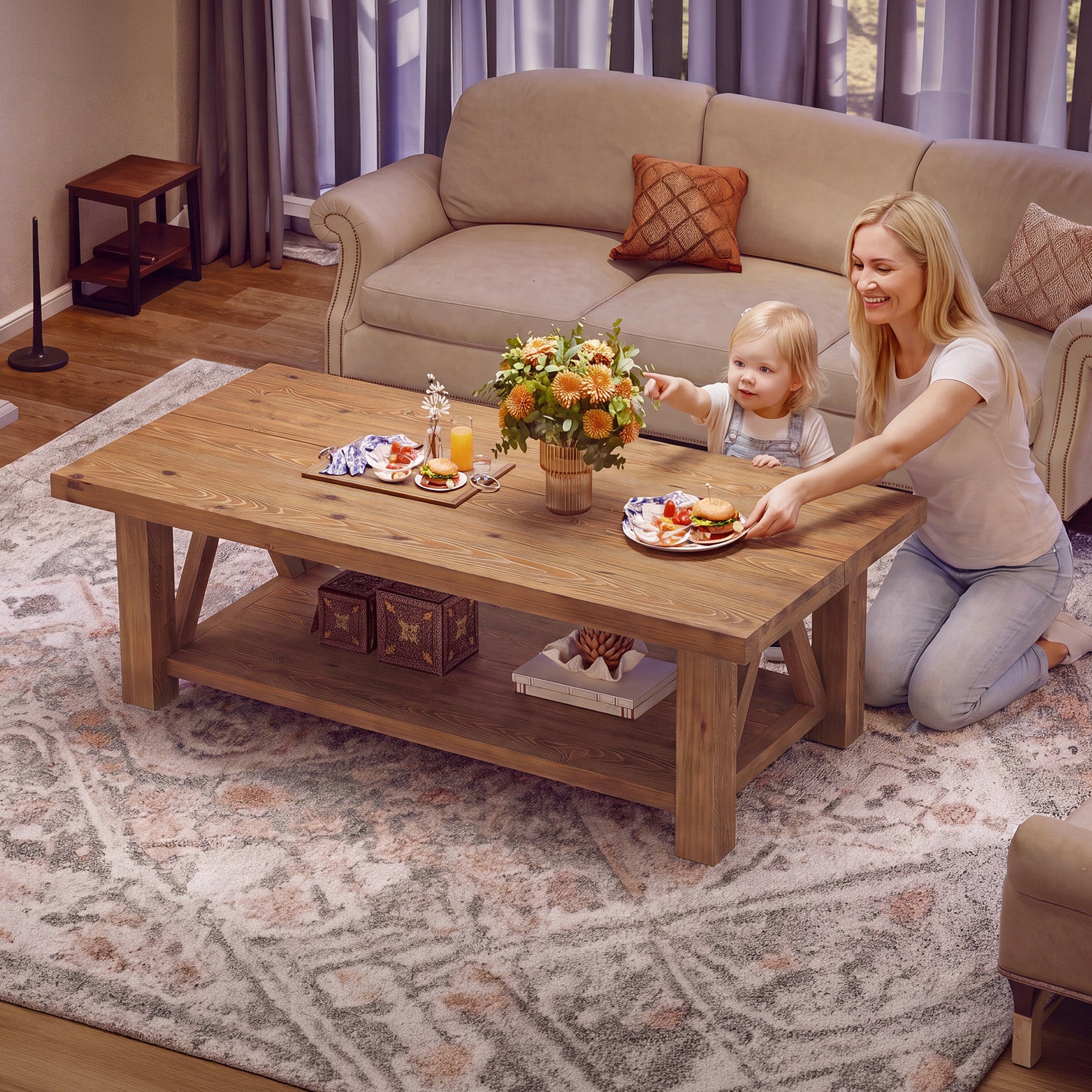 55" Rectangular Coffee Table, 2-Tier Solid Wood Center Table for Living Room