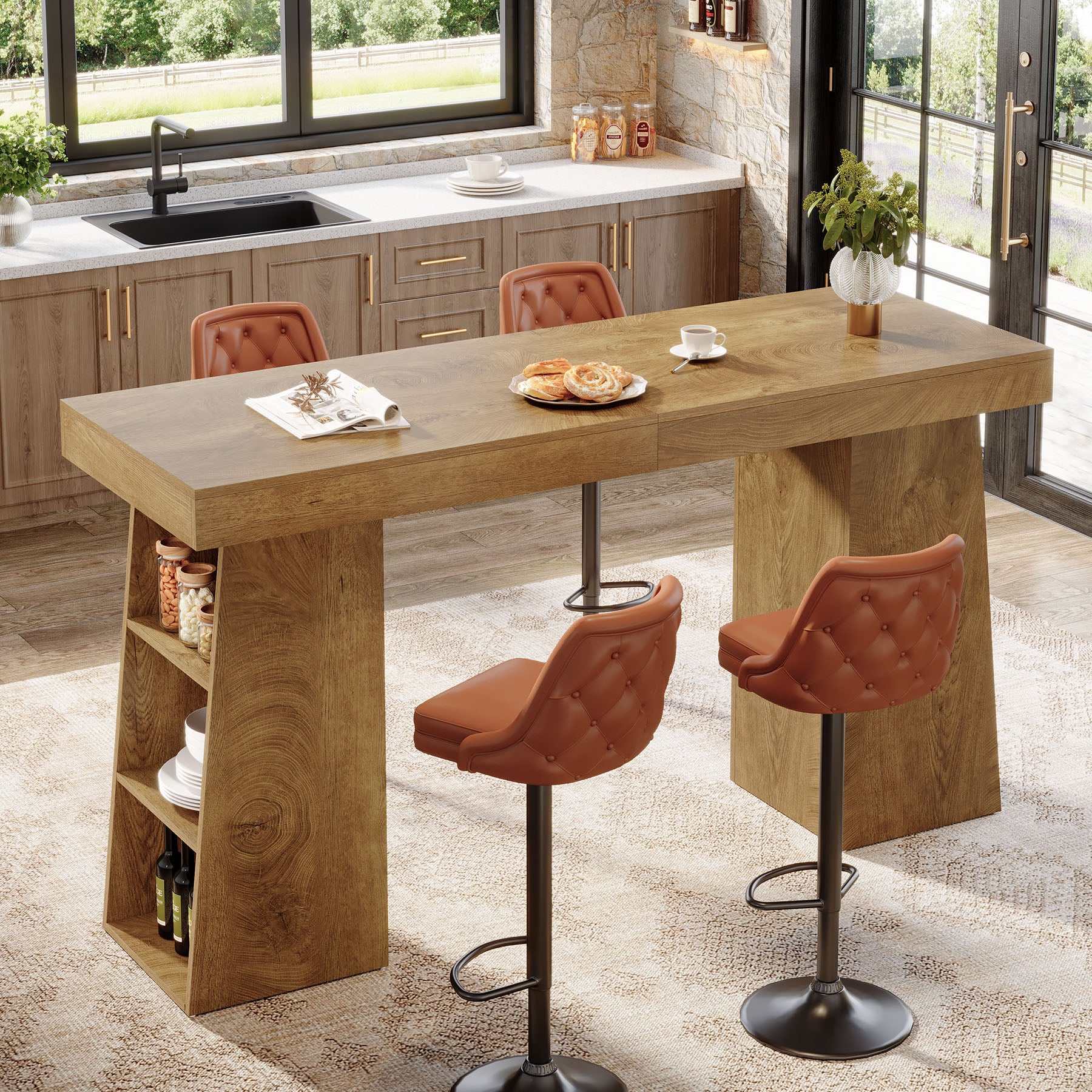 63" Bar Table, Counter Height Pub Cocktail Table with Storage Shelves