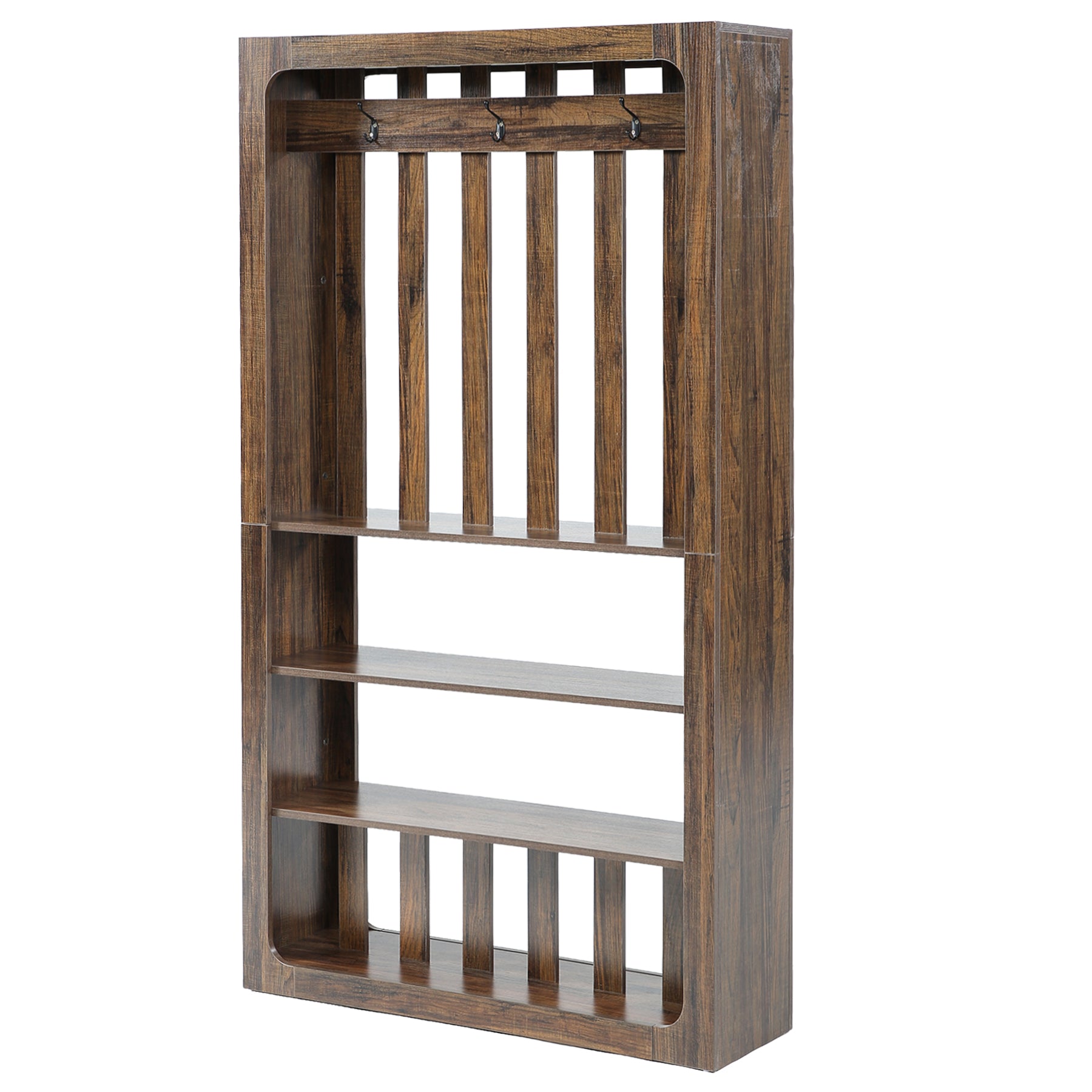 70.9" Room Divider Bookcase with Shelves & Coat Hooks, Freestanding Wood Wall Partition for Home Office