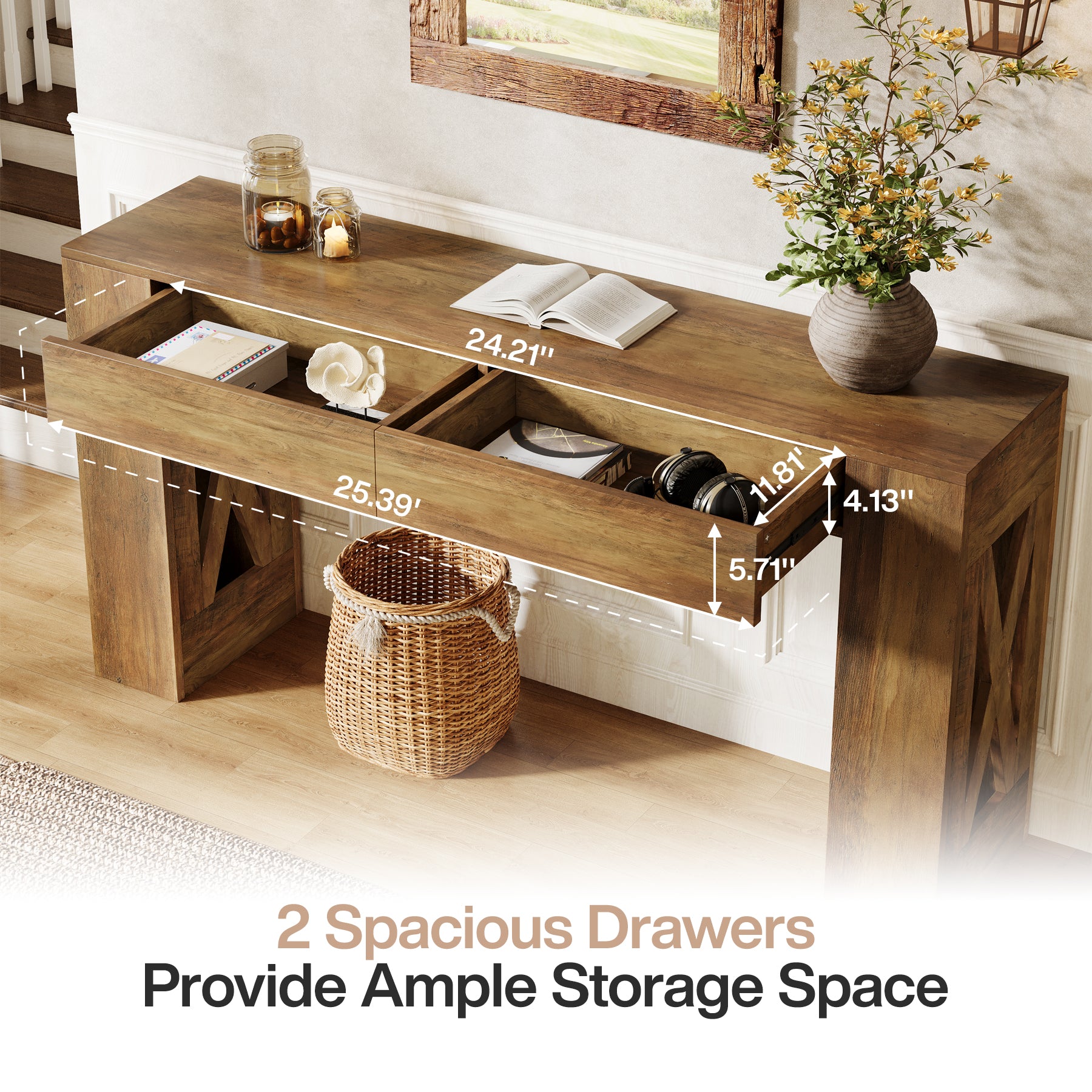 63" Console Table, Narrow Sofa Table with 2 Drawers and X-Shaped Legs