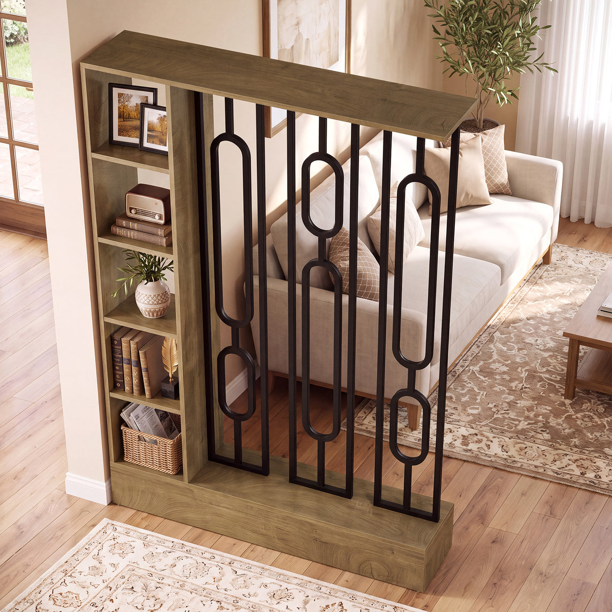 71" Room Divider with Open Storage Shelves, Freestanding Wall Partition Separation