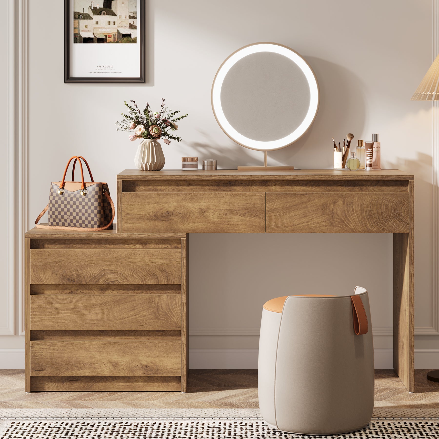 5-Drawer Makeup Vanity Desk, Modern Dressing Table with Cabinet