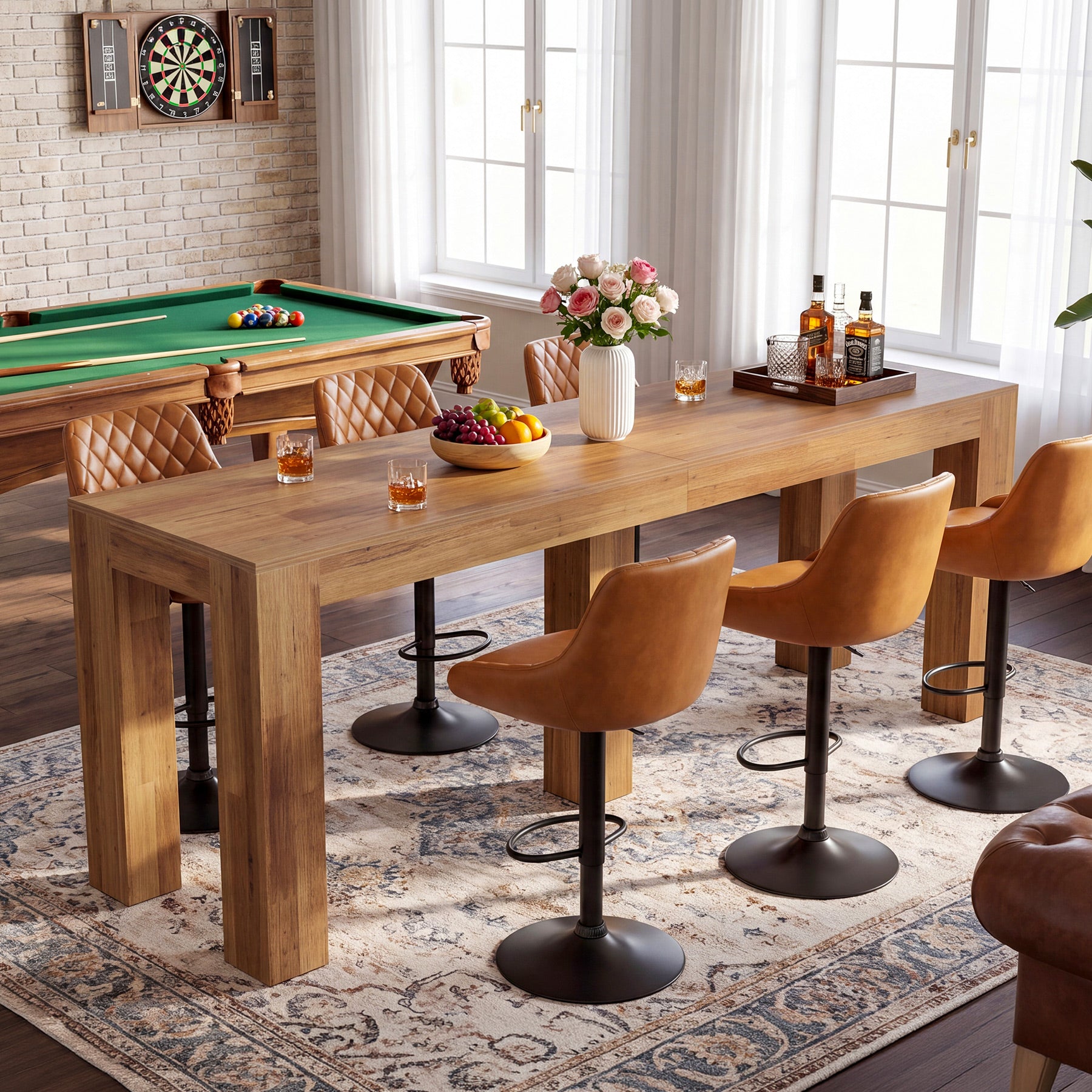 86.6" Counter Height Dining Table with 5 Legs, Wood Rectangle Bar Table for Kitchen