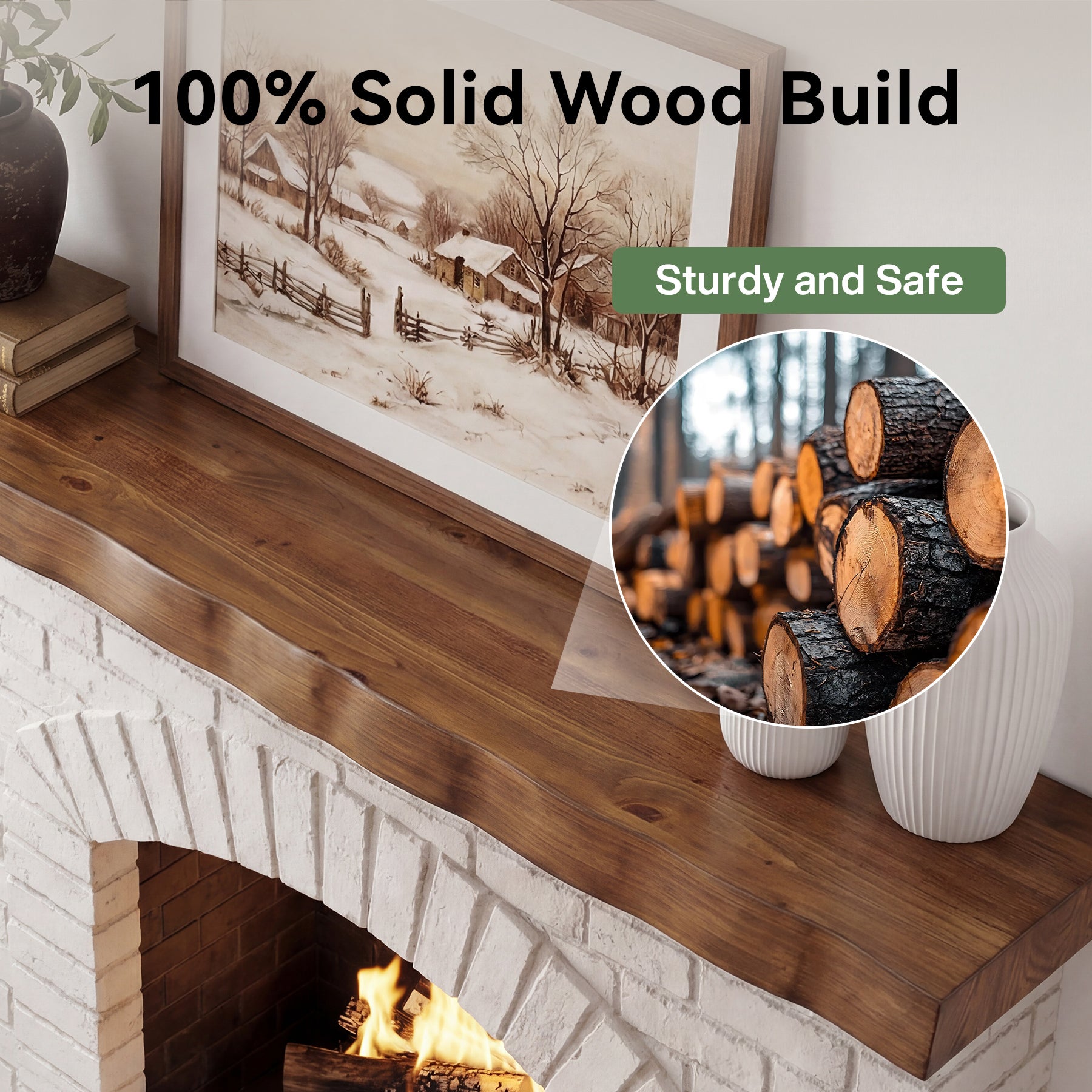 63" Solid Wood Floating Mantel Shelf with Live Edge, Rustic Fireplace Mantel & Wall Shelf for Living Room
