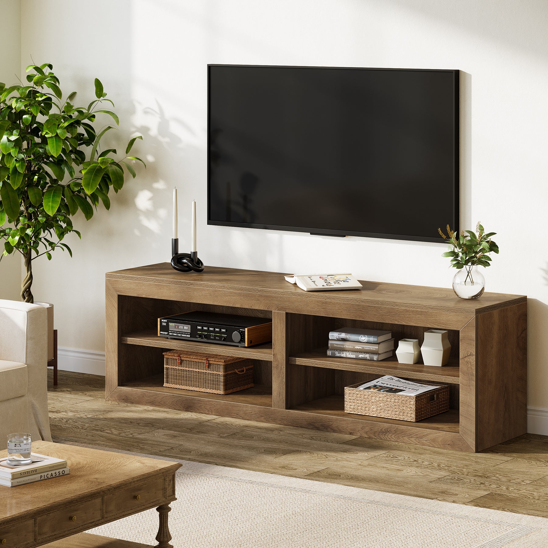 55" TV Stand for TVs up to 65", Modern Entertainment Center with 4 Open Shelves