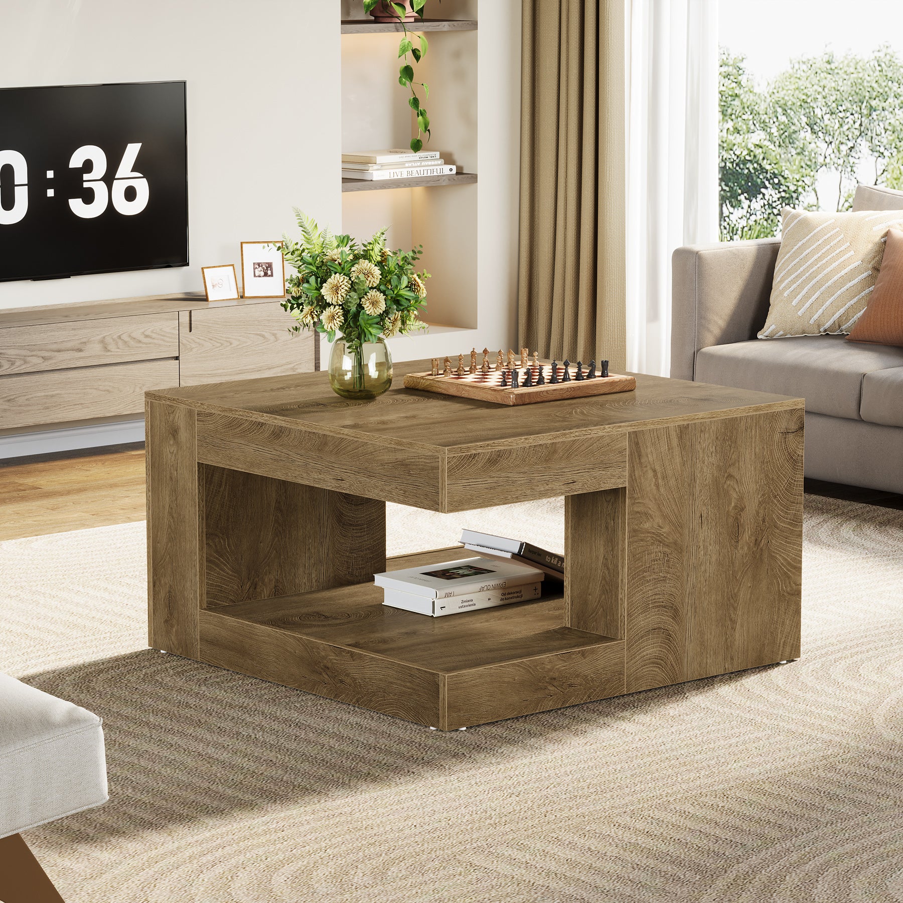 31.5" Square Coffee Table with Storage, 2-Tier Farmhouse Living Room Center Table