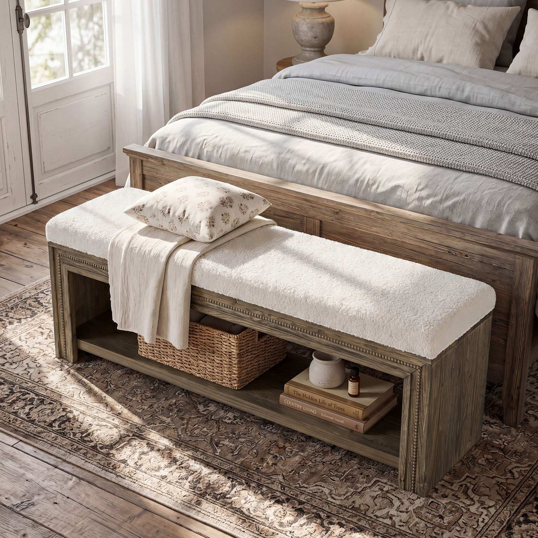 Solid Wood End of Bed Bench, 55.12" Upholstered Bed Bench with Storage for Bedroom