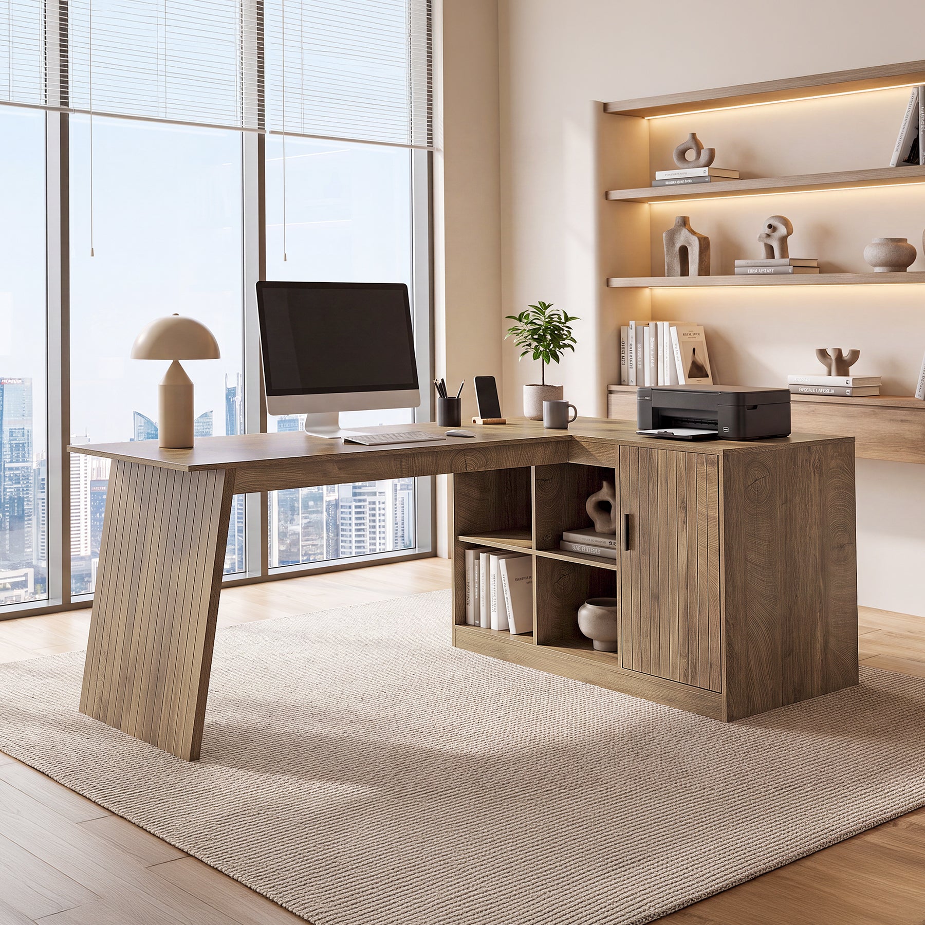 L-Shaped Desk, 66" Computer Desk with Shelves and Storage Cabinet for Home Office