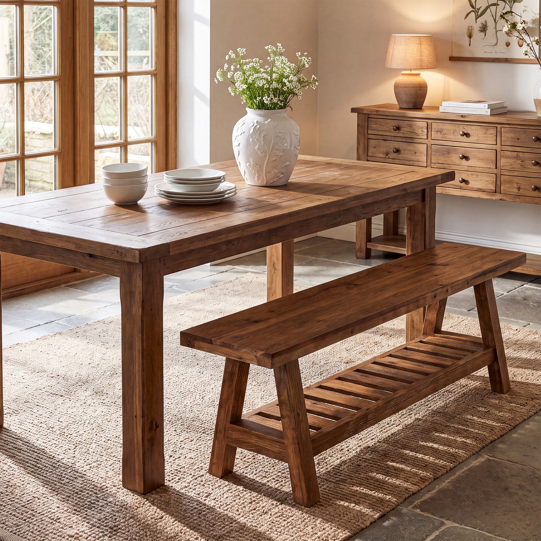 55" Solid Wood Dining Bench, Long 2-Tier Indoor Seating for Dining Room