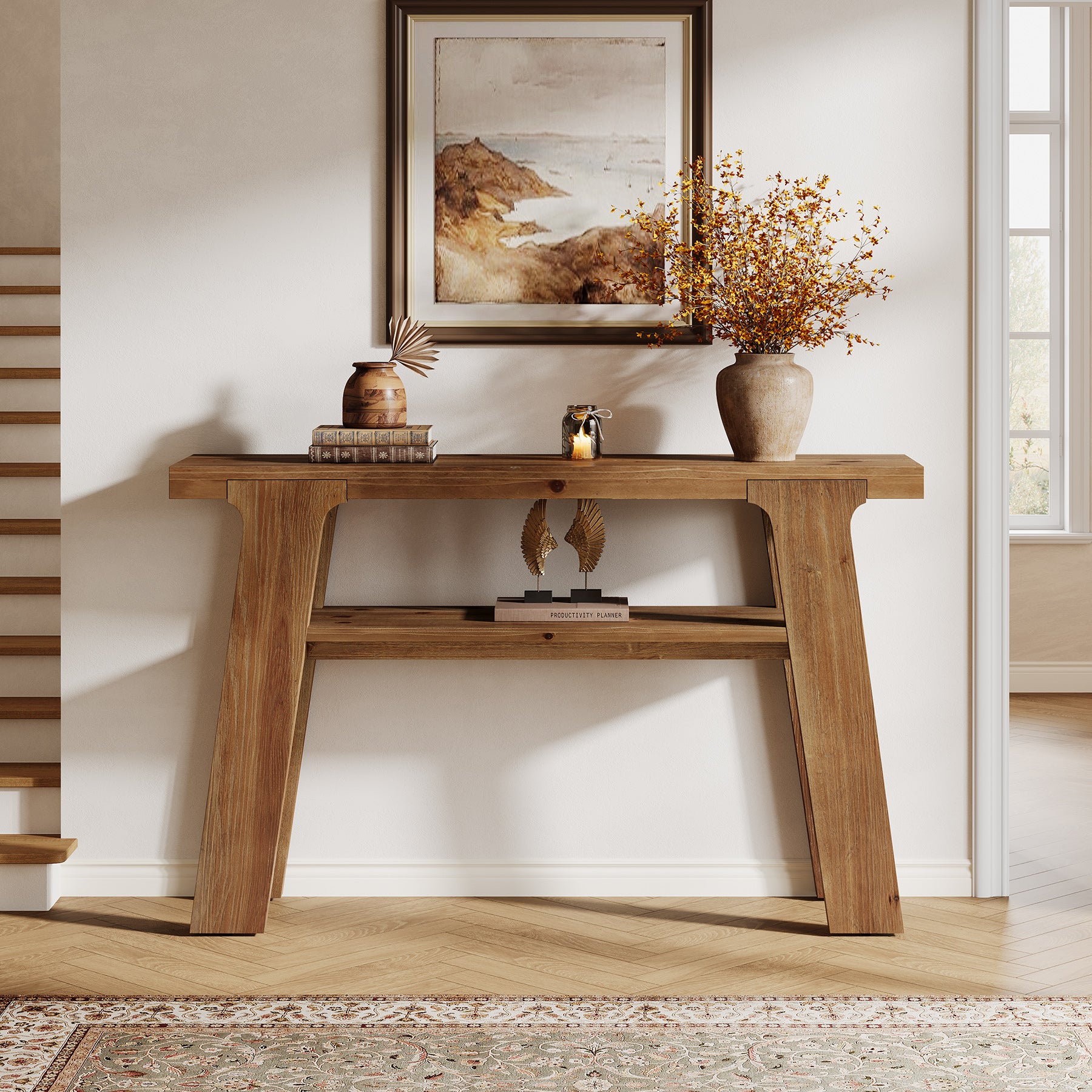 Solid Wood Console Table, 47" Farmhouse Small Sofa Table with 2-Tier Storage