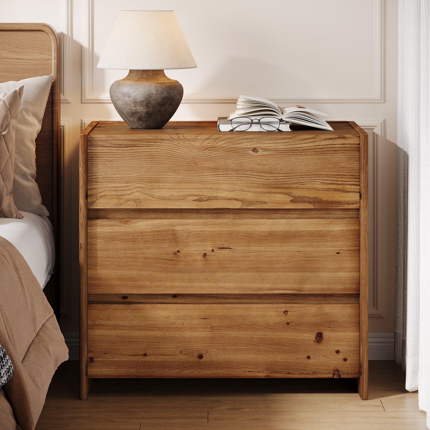 Oversized Solid Wood Nightstand, 31.5" Wide Bedside Table with 3 Drawers