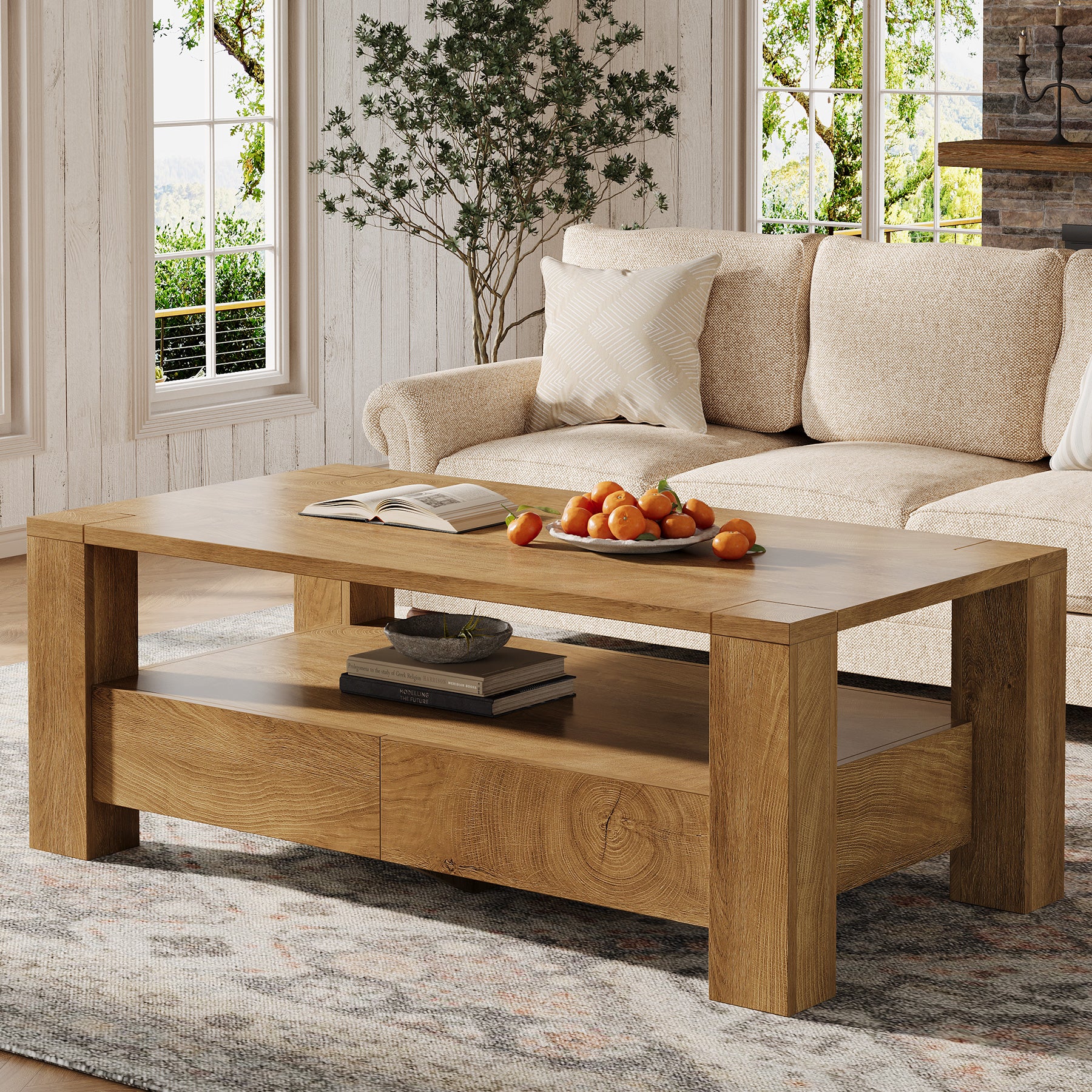 Rectangle Coffee Table, 47" Center Tea Table with 2 Drawers & Open Shelf