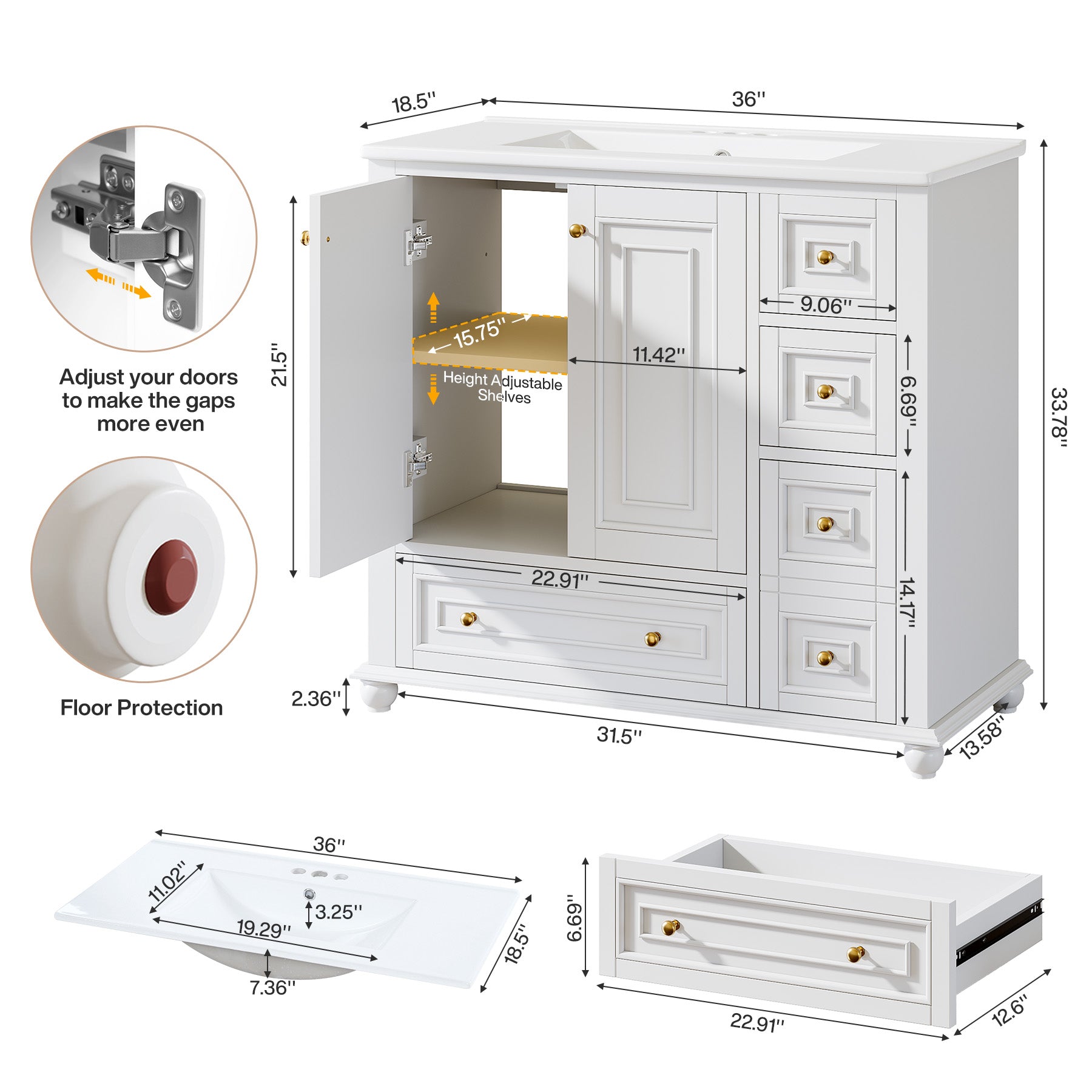 23.6" Bathroom Vanity, Freestanding Bathroom Storage Vanity Cabinet with 2 Doors