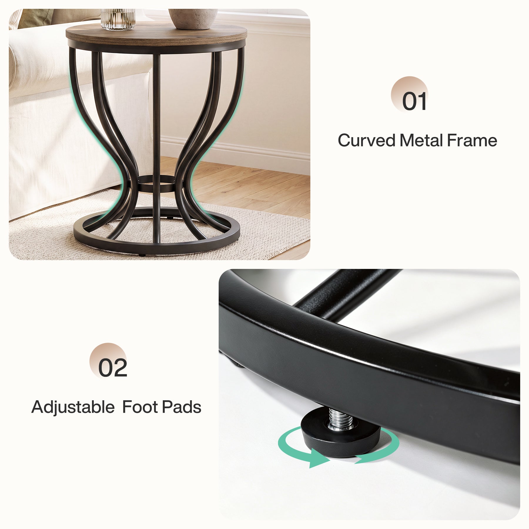 19.6" Round Side Table, Industrial End Table with Curved Metal Frame for Living Room