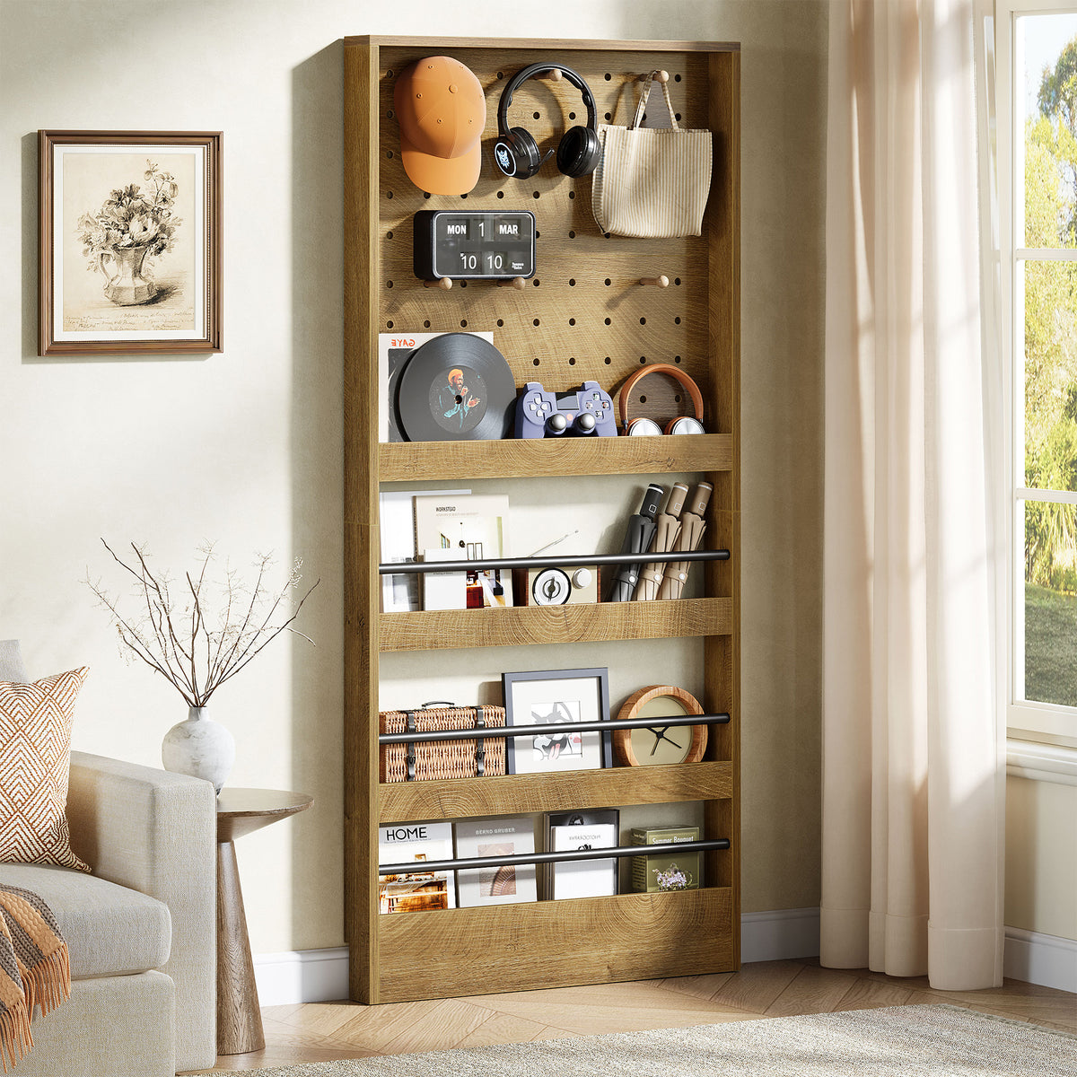 70" Tall Behind-the-Door Bookshelf with Pegboard & Hooks, Slim Wall-Mounted Storage