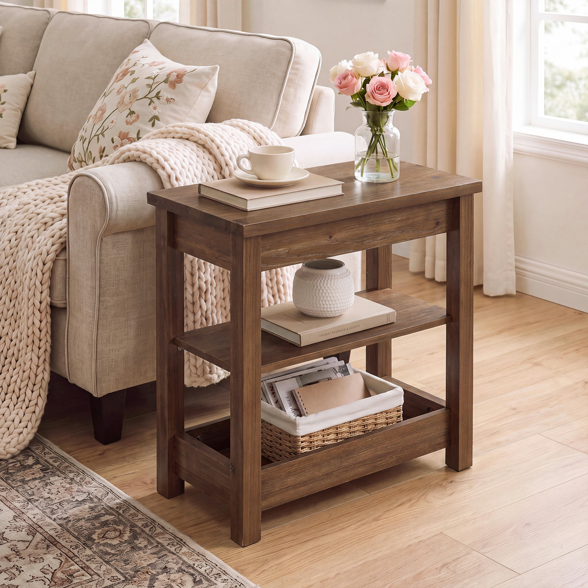 Tribesigns 23.62" Solid Wood End Table, 3-Tier Narrow Side Table for Living Room and Bedroom