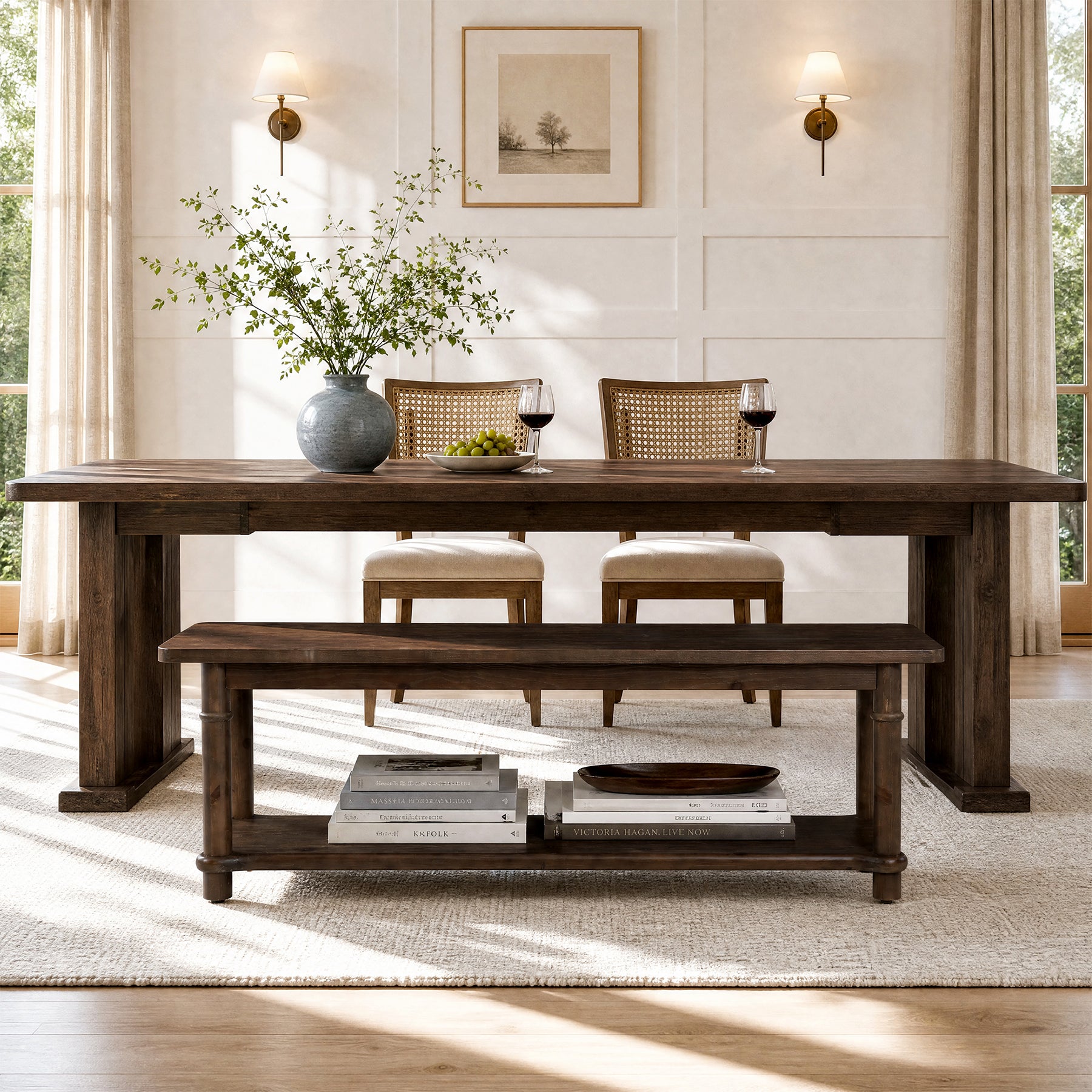 55" Farmhouse Dining Bench, Solid Wood 2-Tier, Kitchen Bench, Dining Room